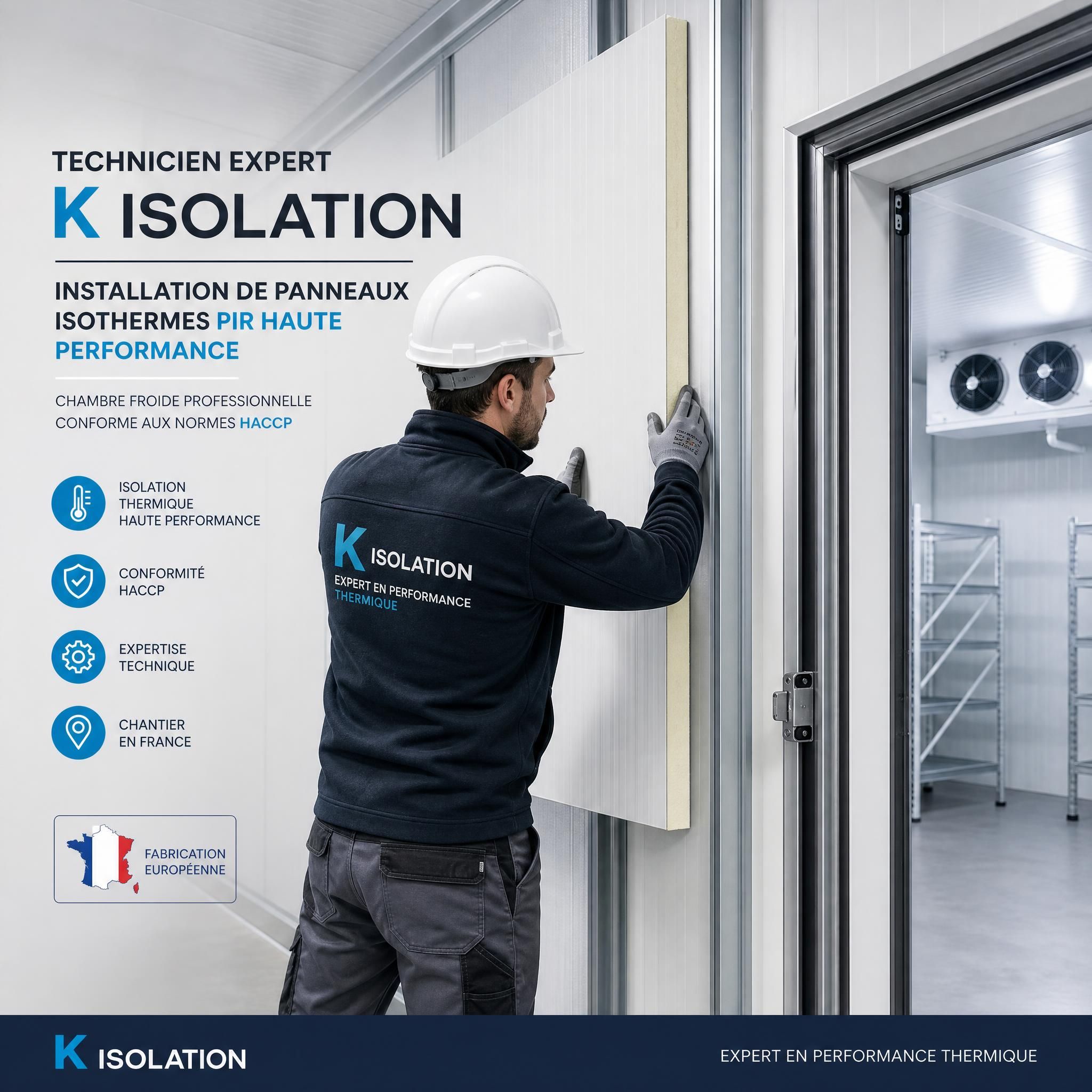 Technicien expert K Isolation installant des panneaux isothermes PIR haute performance dans une chambre froide professionnelle conforme aux normes HACCP, sur chantier industriel en France