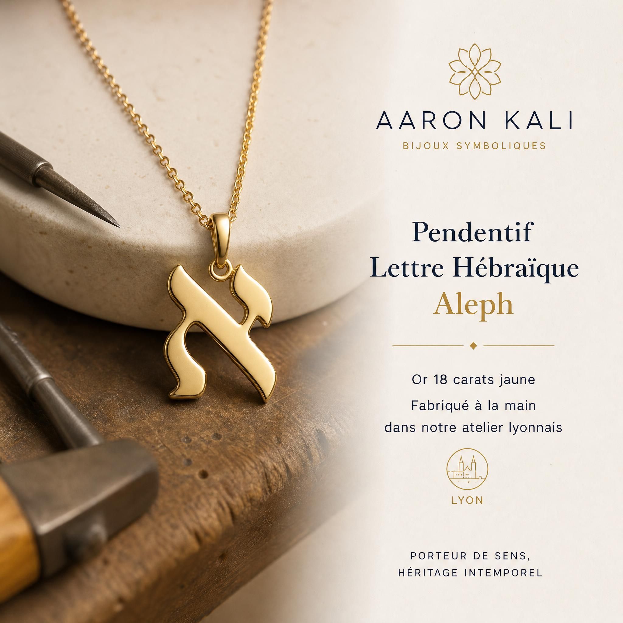 Pendentif lettre hébraïque Aleph en or 18k jaune fabriqué à la main dans un atelier lyonnais, bijou symbolique Aaron Kali