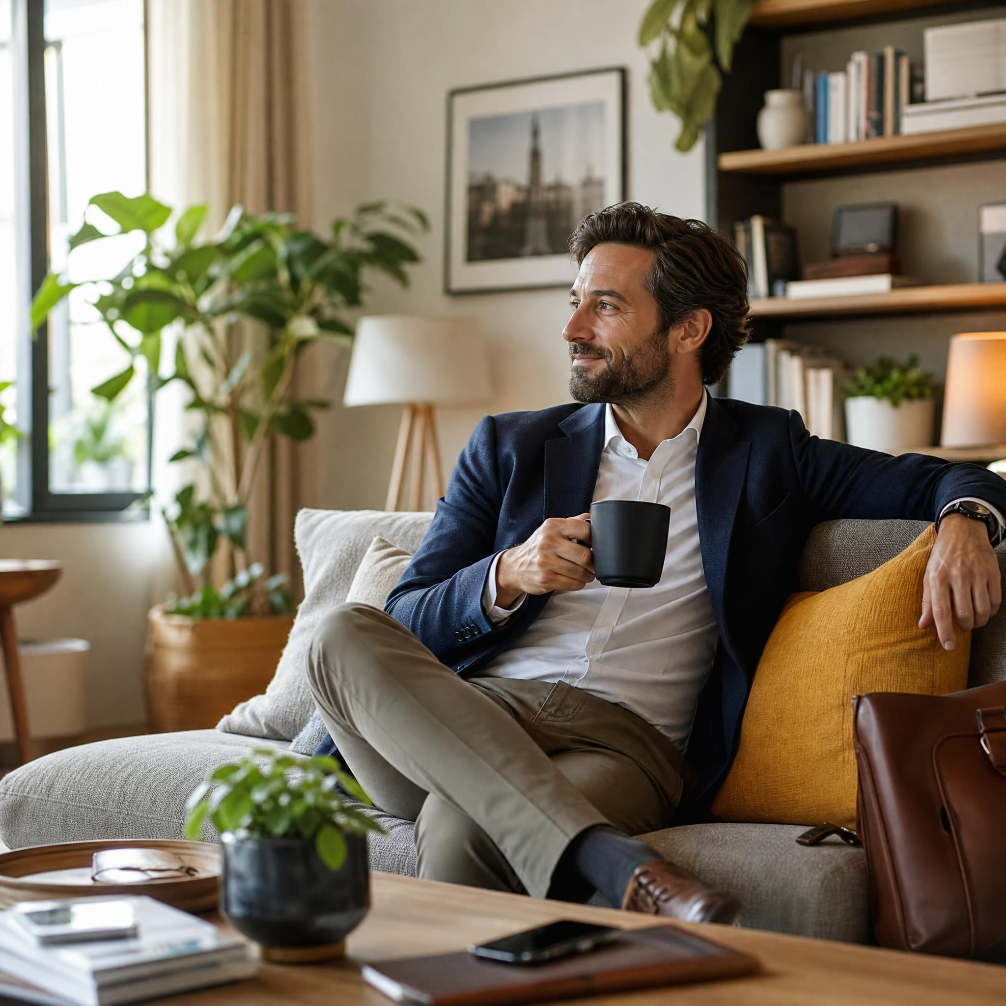 Actif urbain installé dans un salon chaleureux chez un particulier, en pause entre deux rendez-vous professionnels, ambiance calme et conviviale