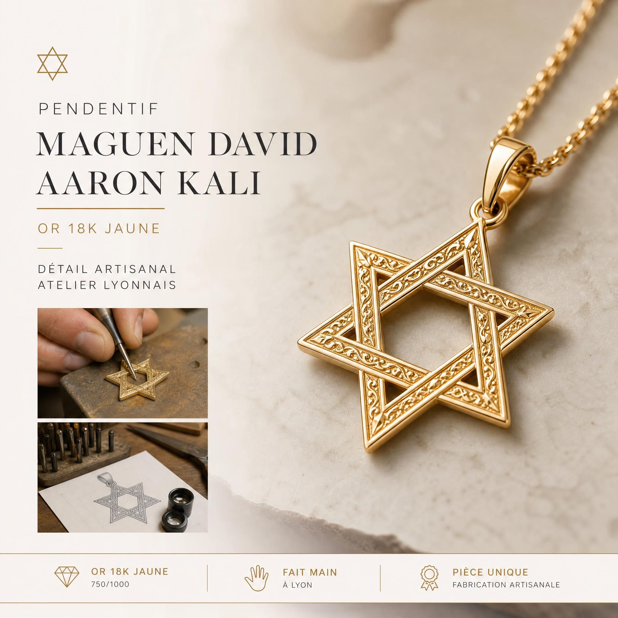 Pendentif Maguen David en or 18k jaune Aaron Kali, détail artisanal atelier lyonnais