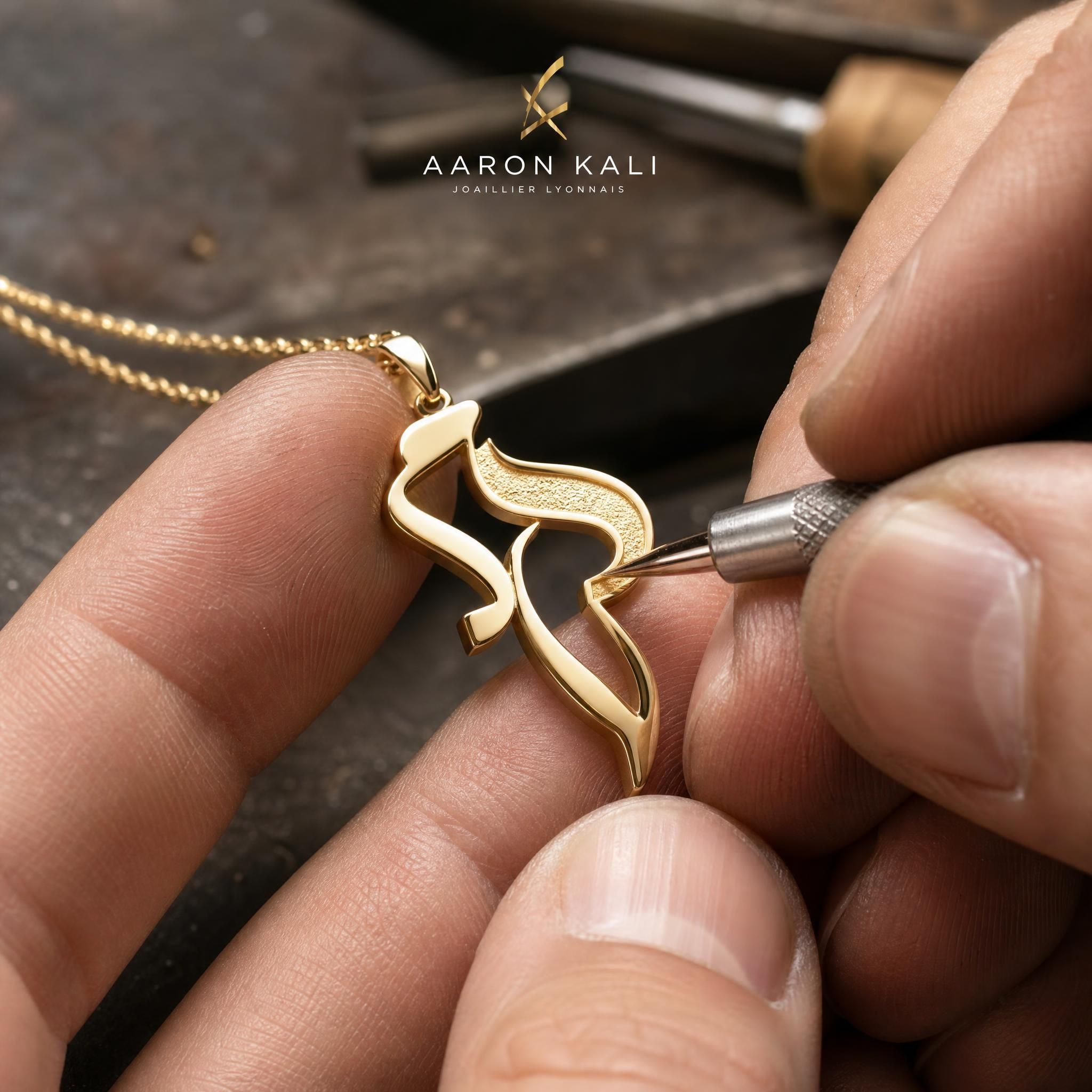 Mains d'artisan joaillier lyonnais travaillant un pendentif Kalligraphe Aaron Kali en or 18k jaune, gros plan sur le détail de la lettre hébraïque