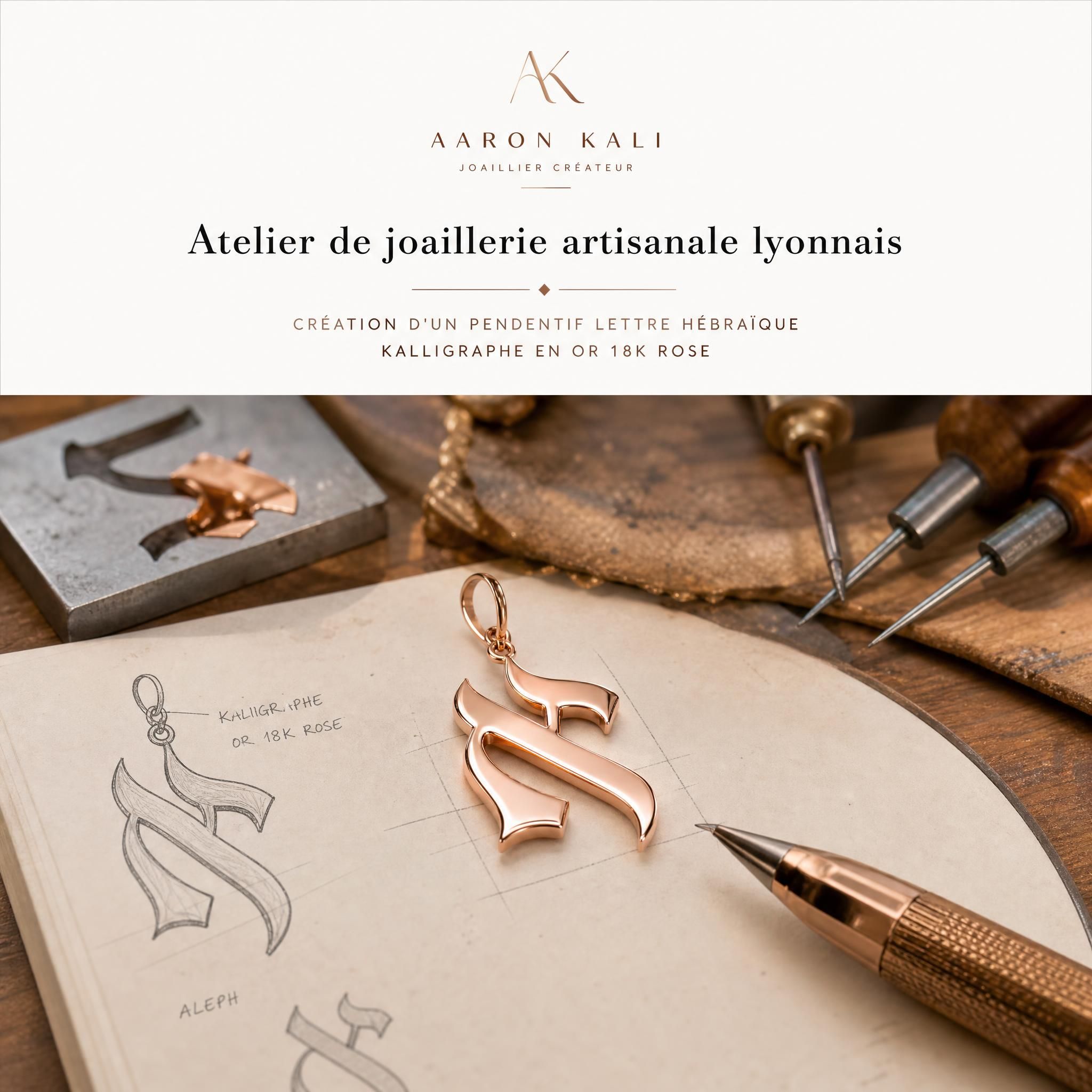 Atelier de joaillerie artisanale lyonnais, création d'un pendentif lettre hébraïque Kalligraphe en or 18k rose, Aaron Kali