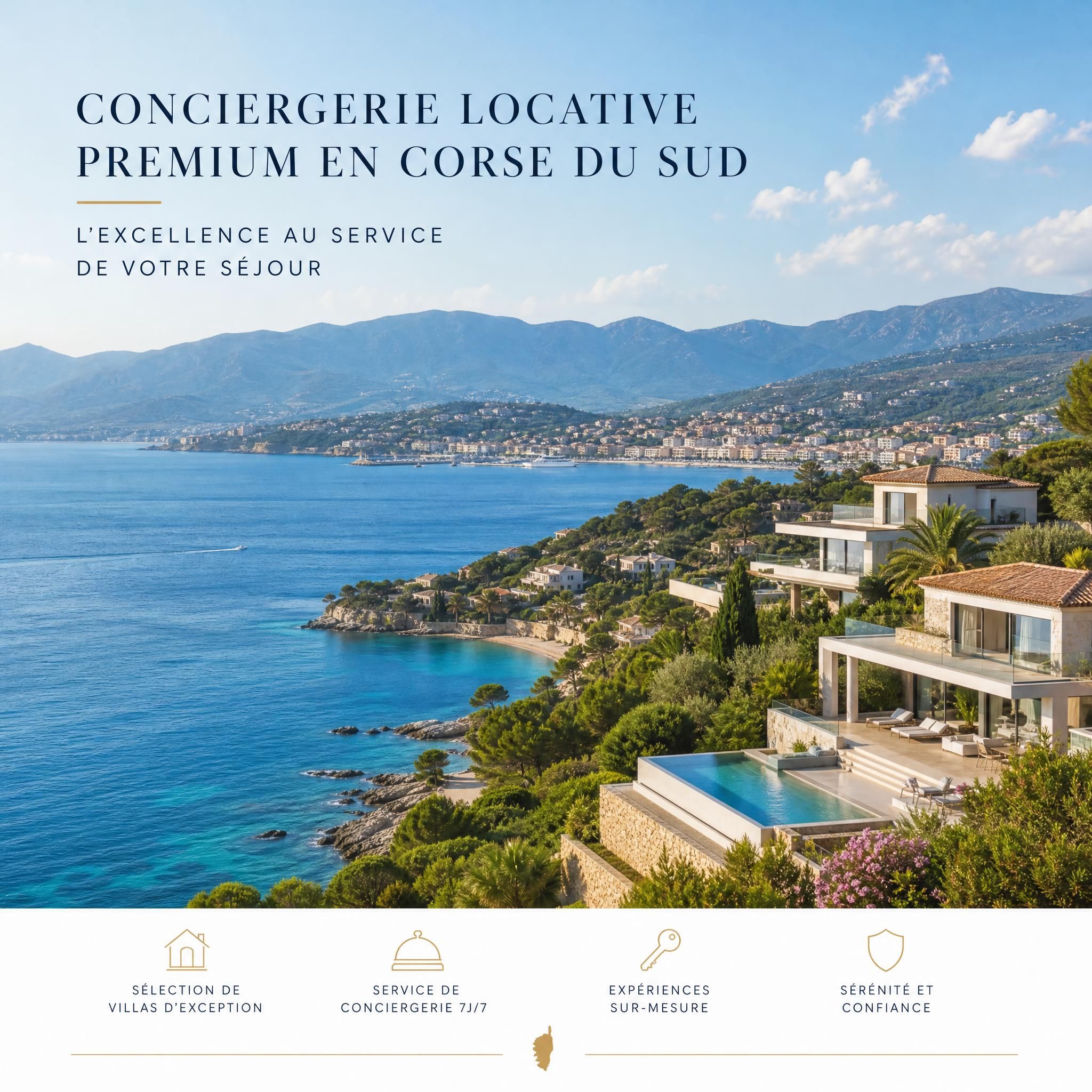 Vue panoramique du golfe d'Ajaccio avec villas en bord de mer représentant la conciergerie locative premium en Corse du Sud