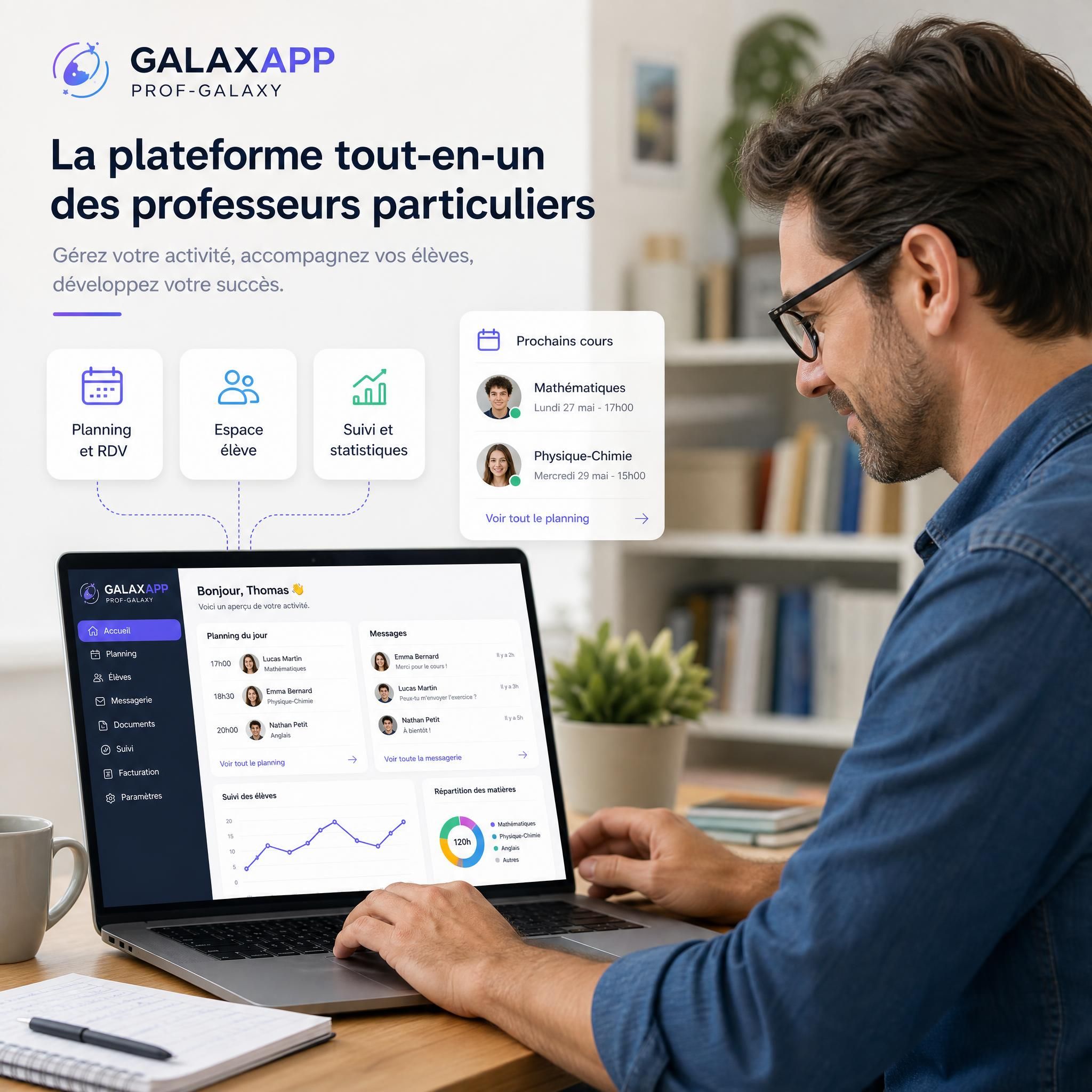 Professeur particulier utilisant une plateforme numérique sur son ordinateur pour gérer son planning et son espace élève - interface moderne GALAXAPP Prof-Galaxy