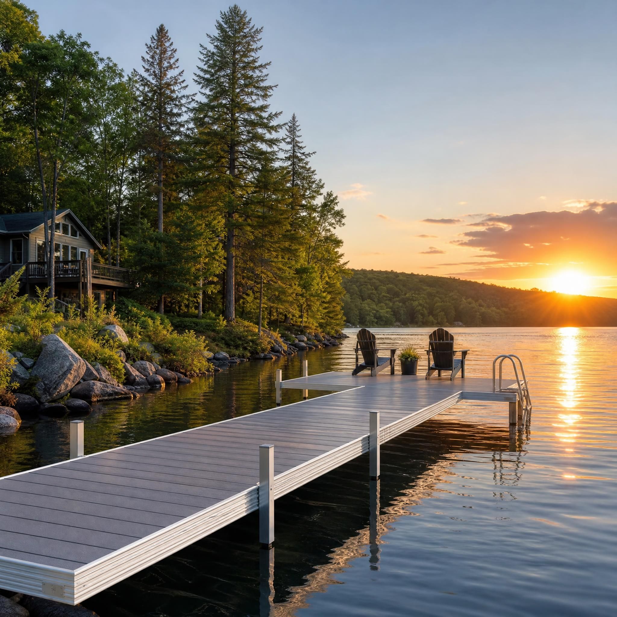 Propriété riveraine avec un quai en aluminium moderne sur un lac calme au Québec, entouré d'arbres au coucher du soleil