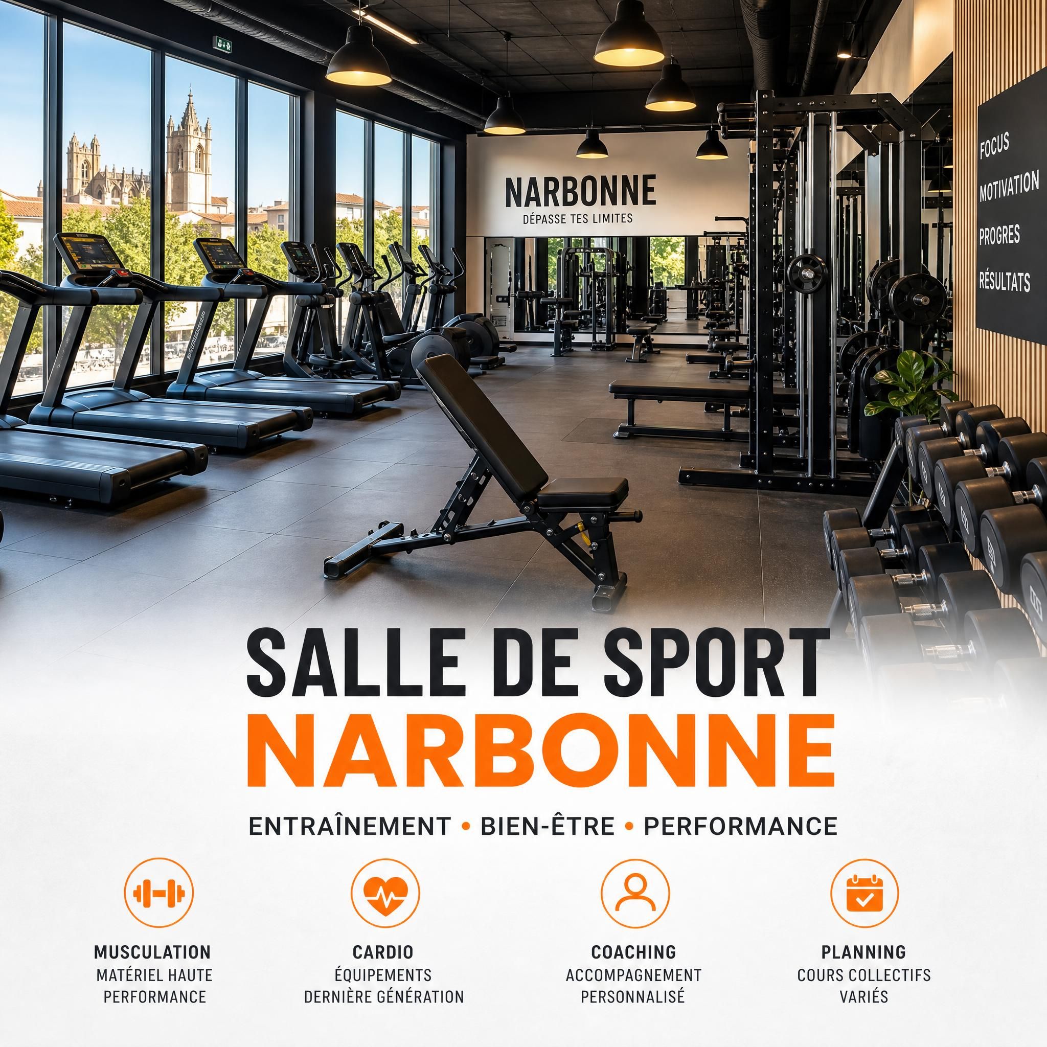 Salle de sport moderne à Narbonne avec équipements de musculation et cardio, ambiance lumineuse et motivante