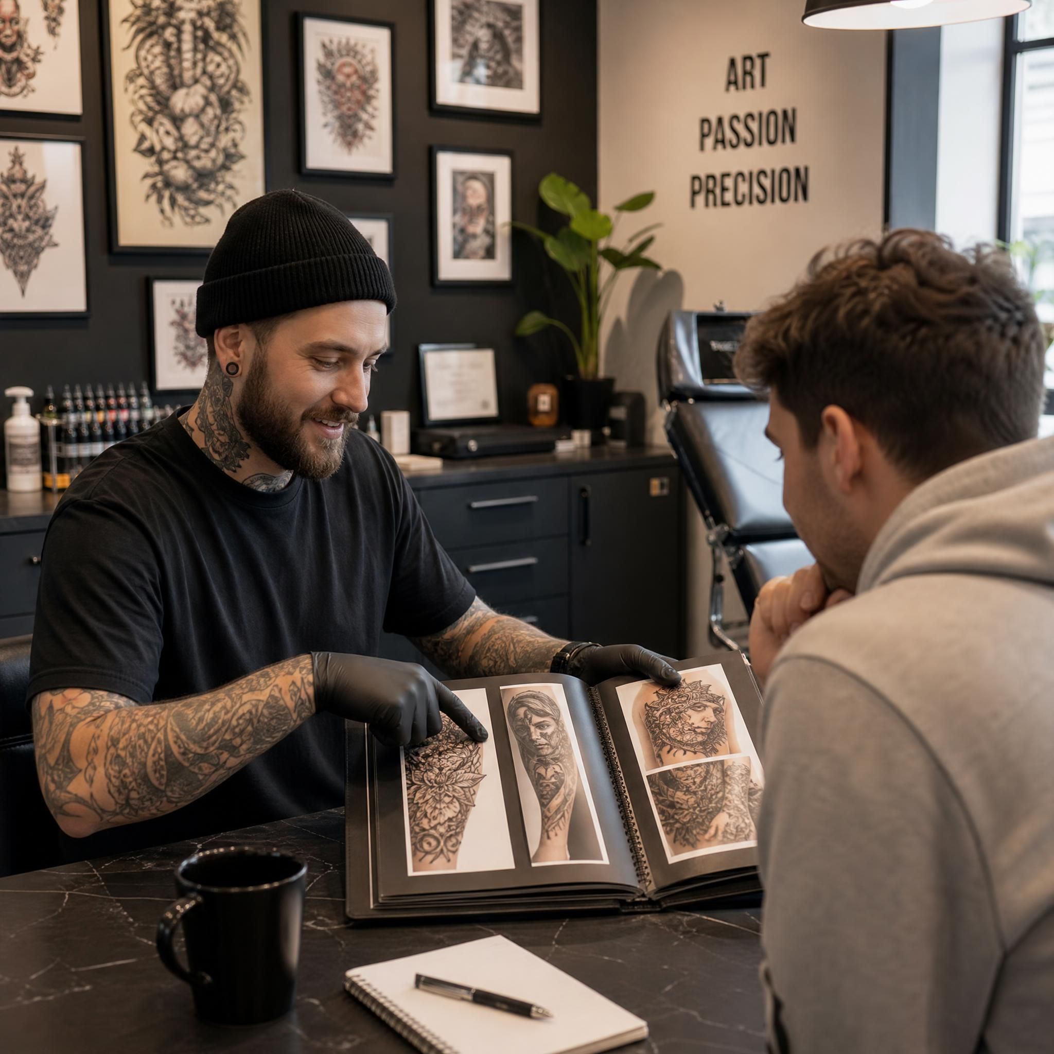 Illustration d'un tatoueur professionnel dans un studio propre et bien organisé, montrant son portfolio à un client débutant
