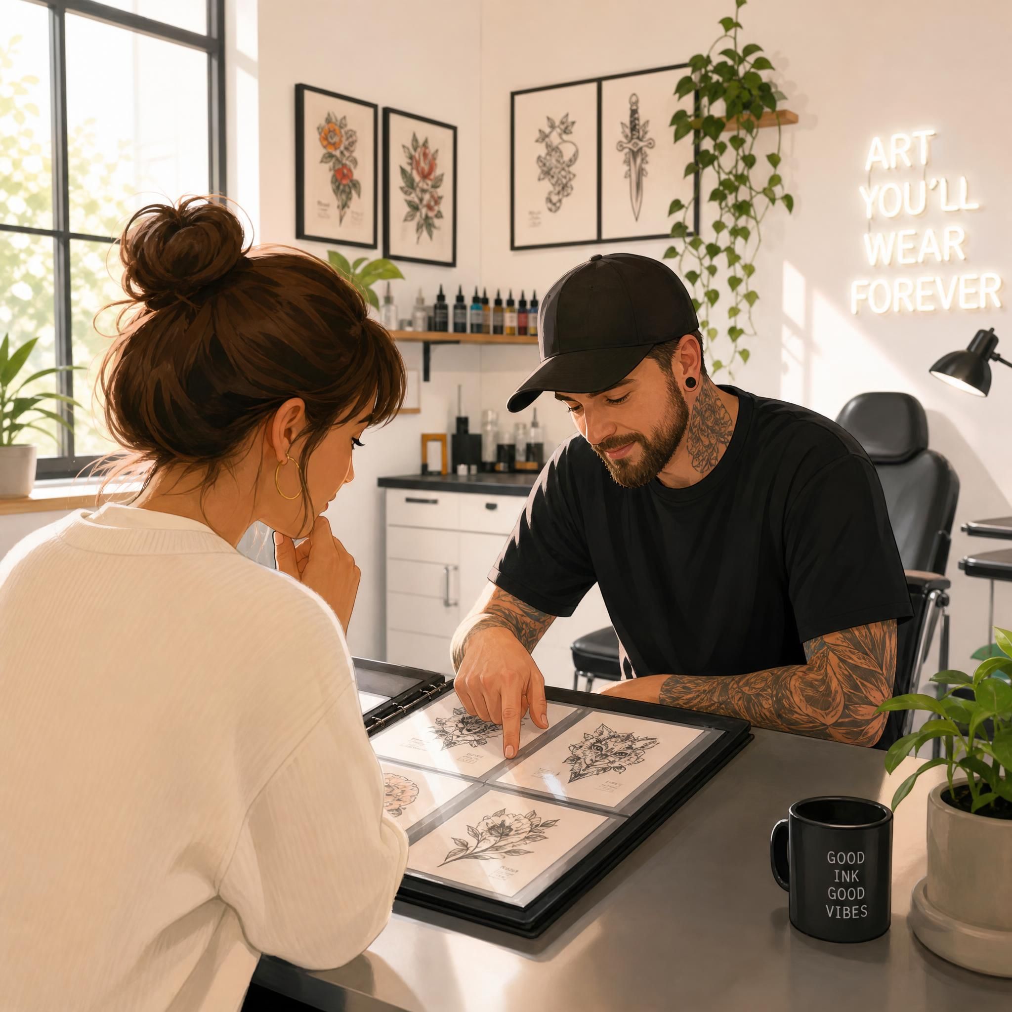 Illustration d'une personne consultant un portfolio de tatouages dans un studio lumineux et propre, style illustratif doux