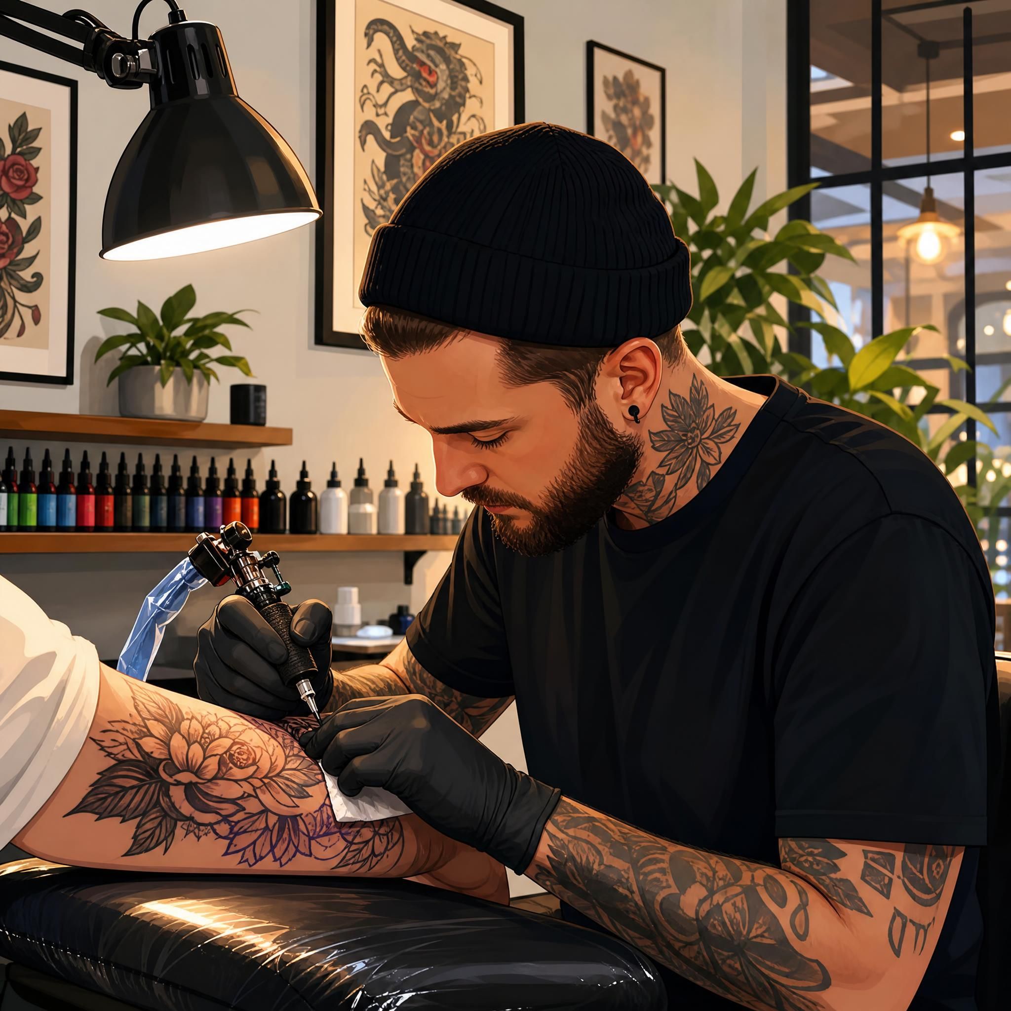 Illustration colorée d'un tatoueur au travail dans un studio moderne, style illustratif sans texte, ambiance chaleureuse et professionnelle