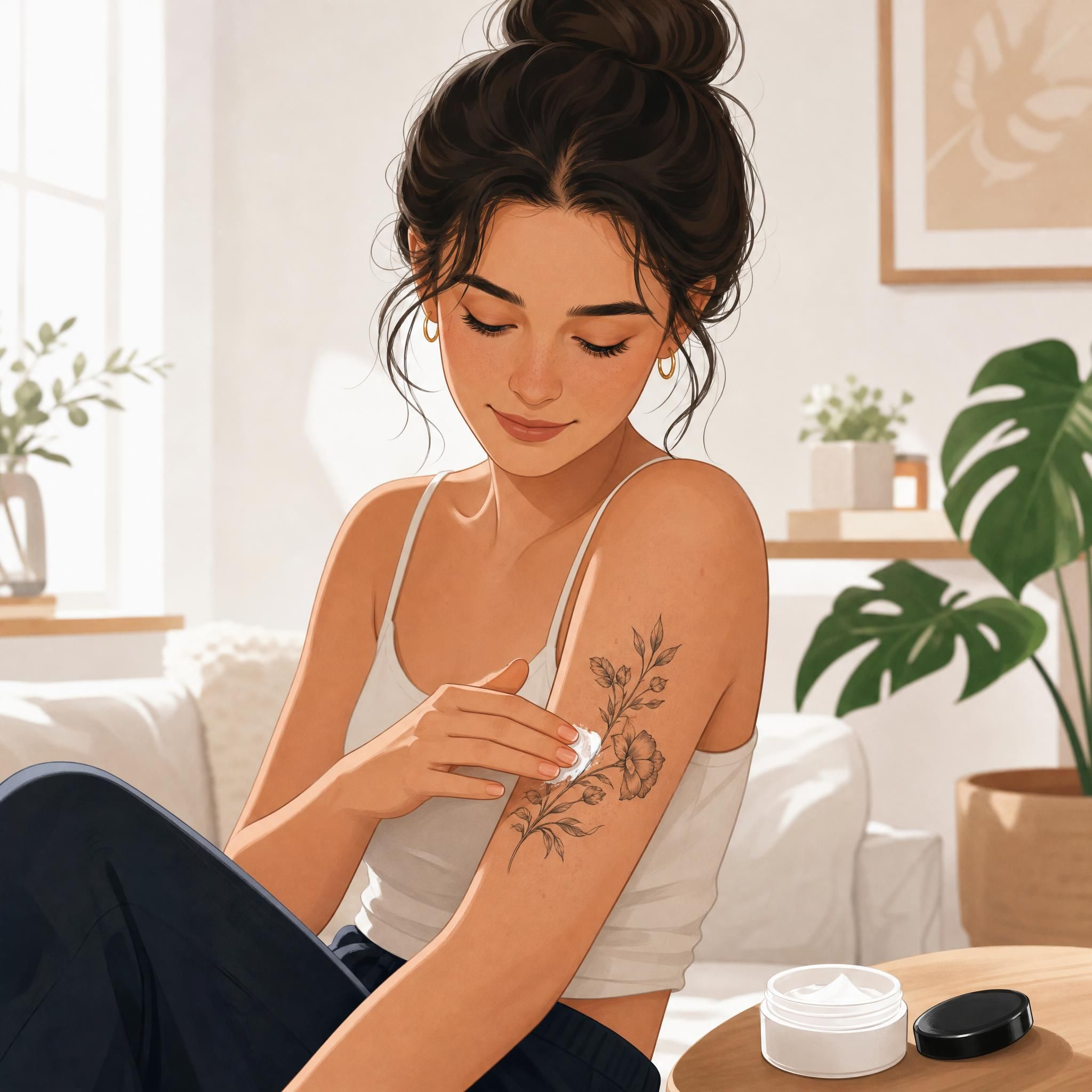 Illustration douce d'une personne appliquant une crème sur un tatouage en cours de cicatrisation, style illustratif bienveillant sans texte
