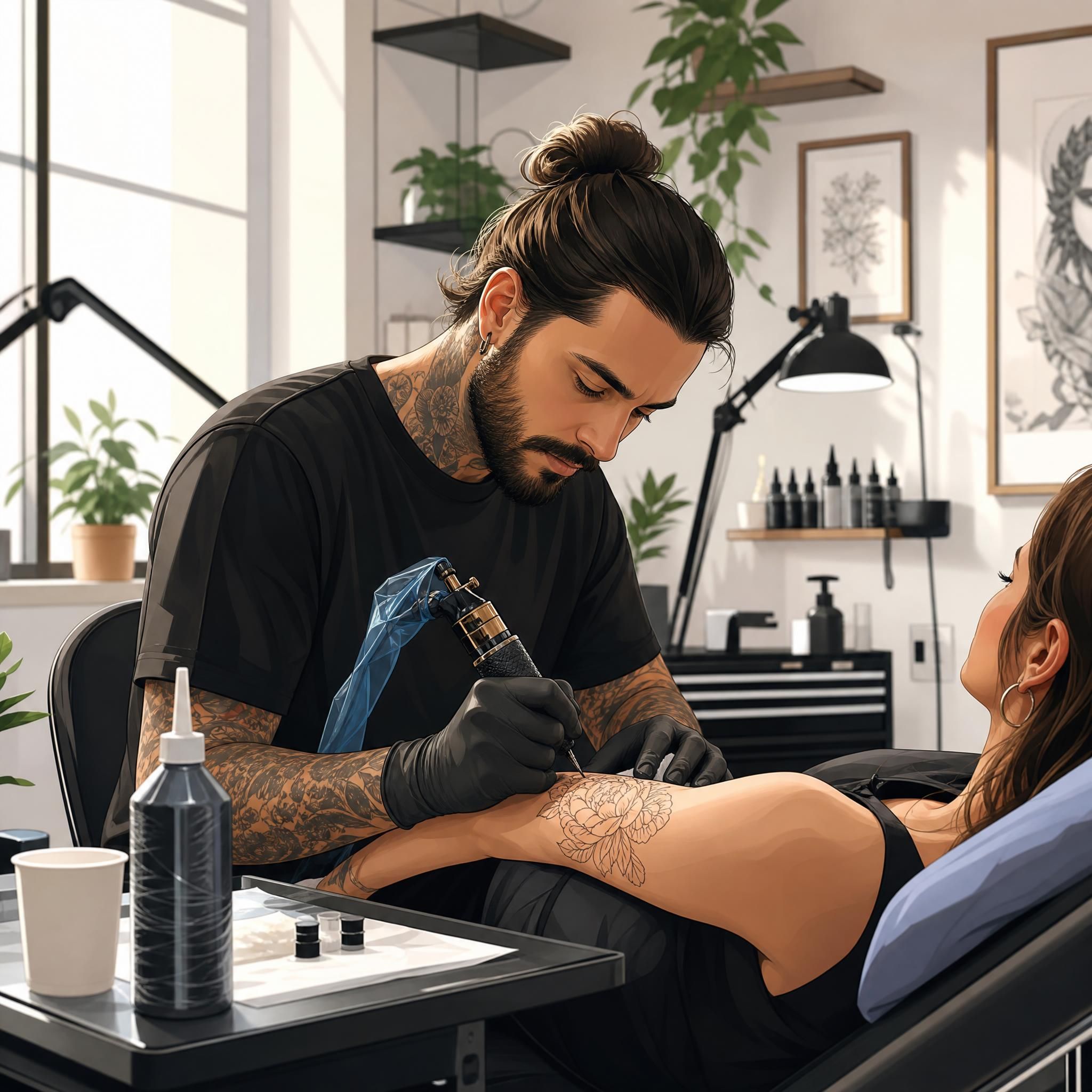 Illustration moderne sans texte représentant un artiste tatoueur au travail dans un studio lumineux et propre, ambiance professionnelle et bienveillante, style illustratif