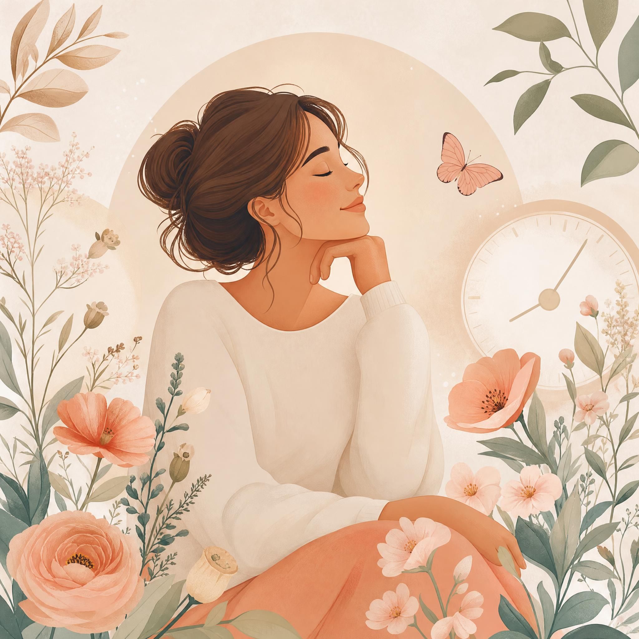 Illustration douce et bienveillante sans texte représentant une femme sereine entourée de motifs floraux évoquant l'attente et la patience, style illustratif pastel