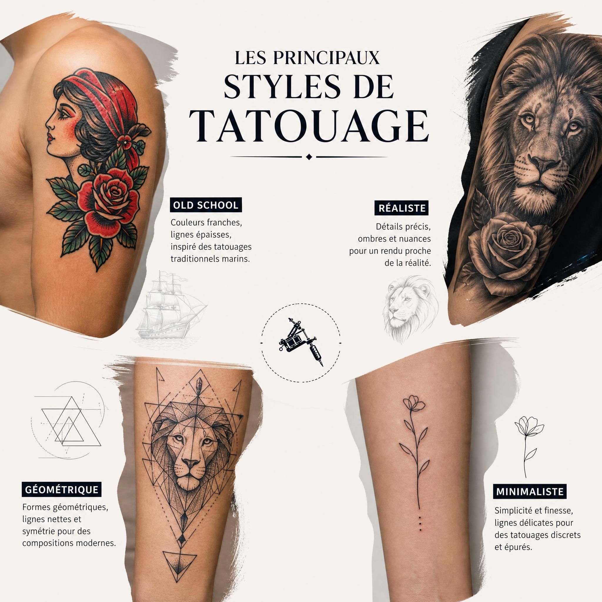 Illustration montrant une sélection de styles de tatouage variés — old school, réaliste, géométrique, minimaliste — disposés de façon artistique