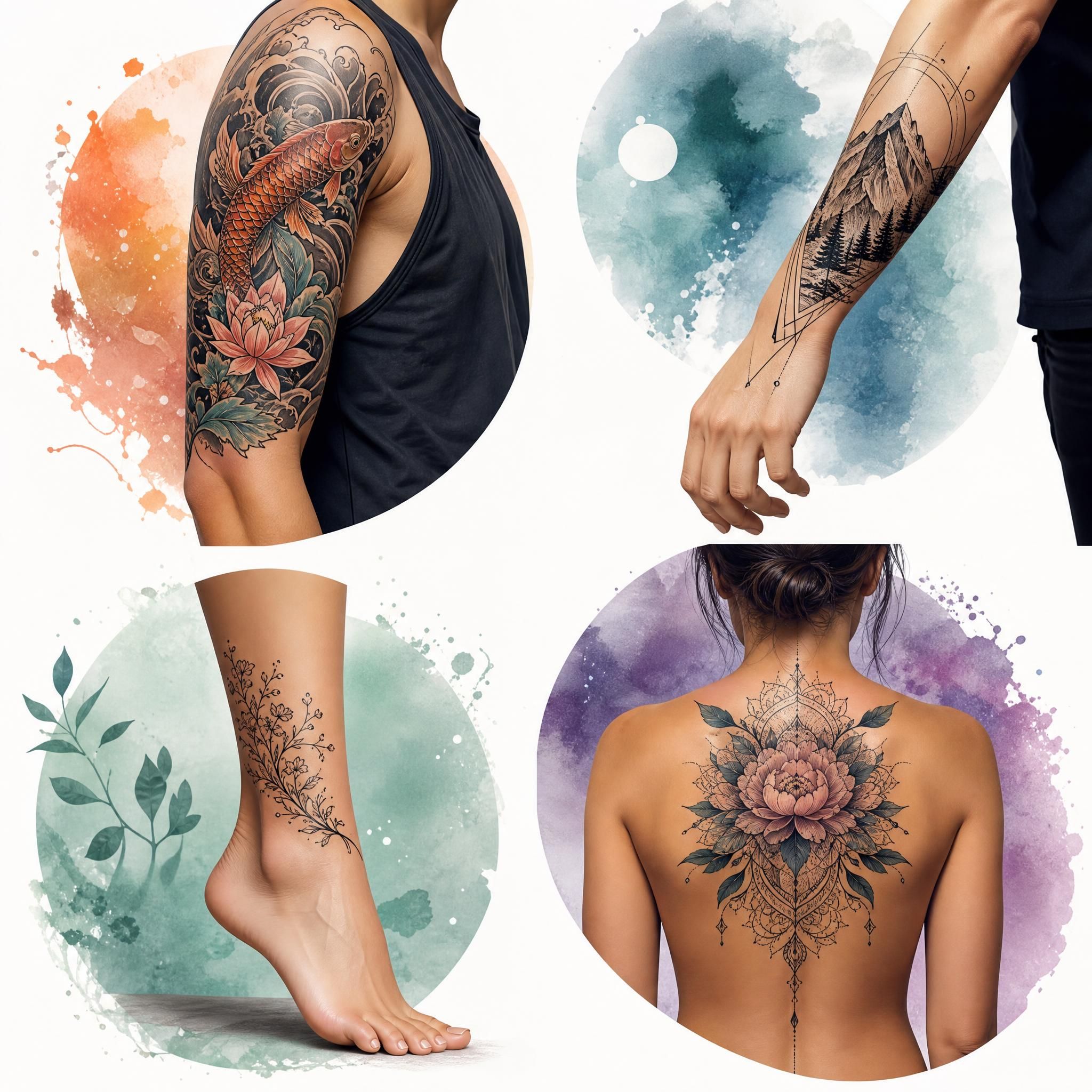 Illustration illustrative sans texte montrant quatre zones du corps avec différents styles de tatouage - bras, avant-bras, cheville, dos - ambiance artistique et colorée