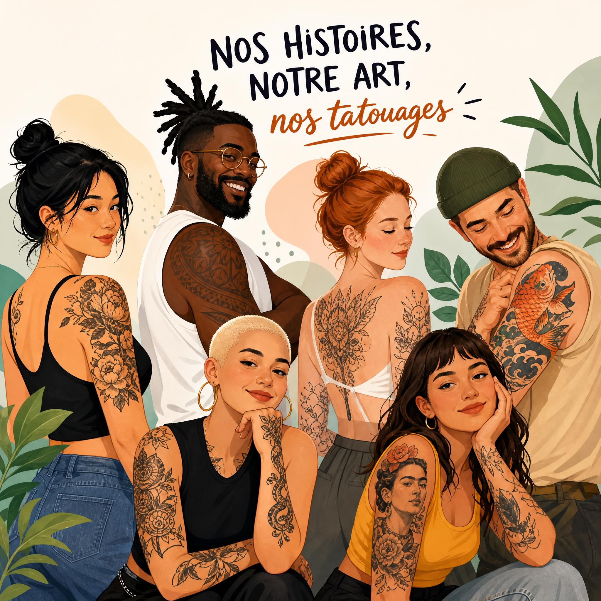 Illustration inspirante montrant une variété de styles de tatouages sur différentes personnes souriantes, diversité et art corporel, style illustratif coloré