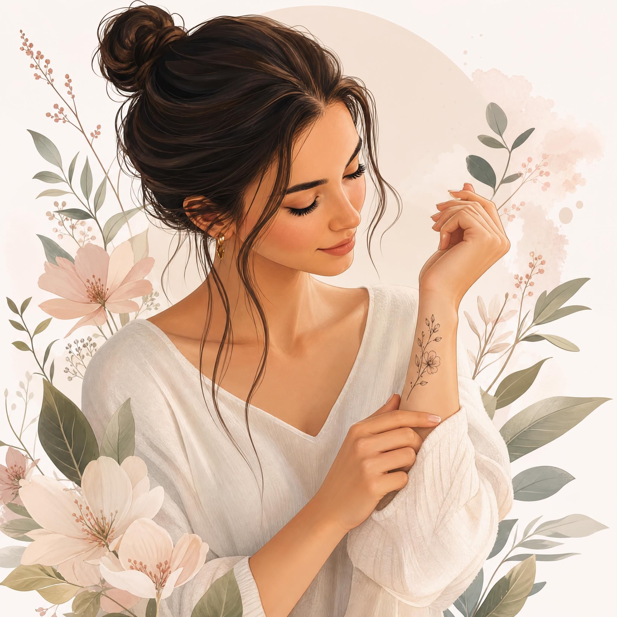 Illustration apaisante d'une femme regardant un tatouage délicat sur son poignet, entourée de motifs floraux doux, style illustratif sans texte