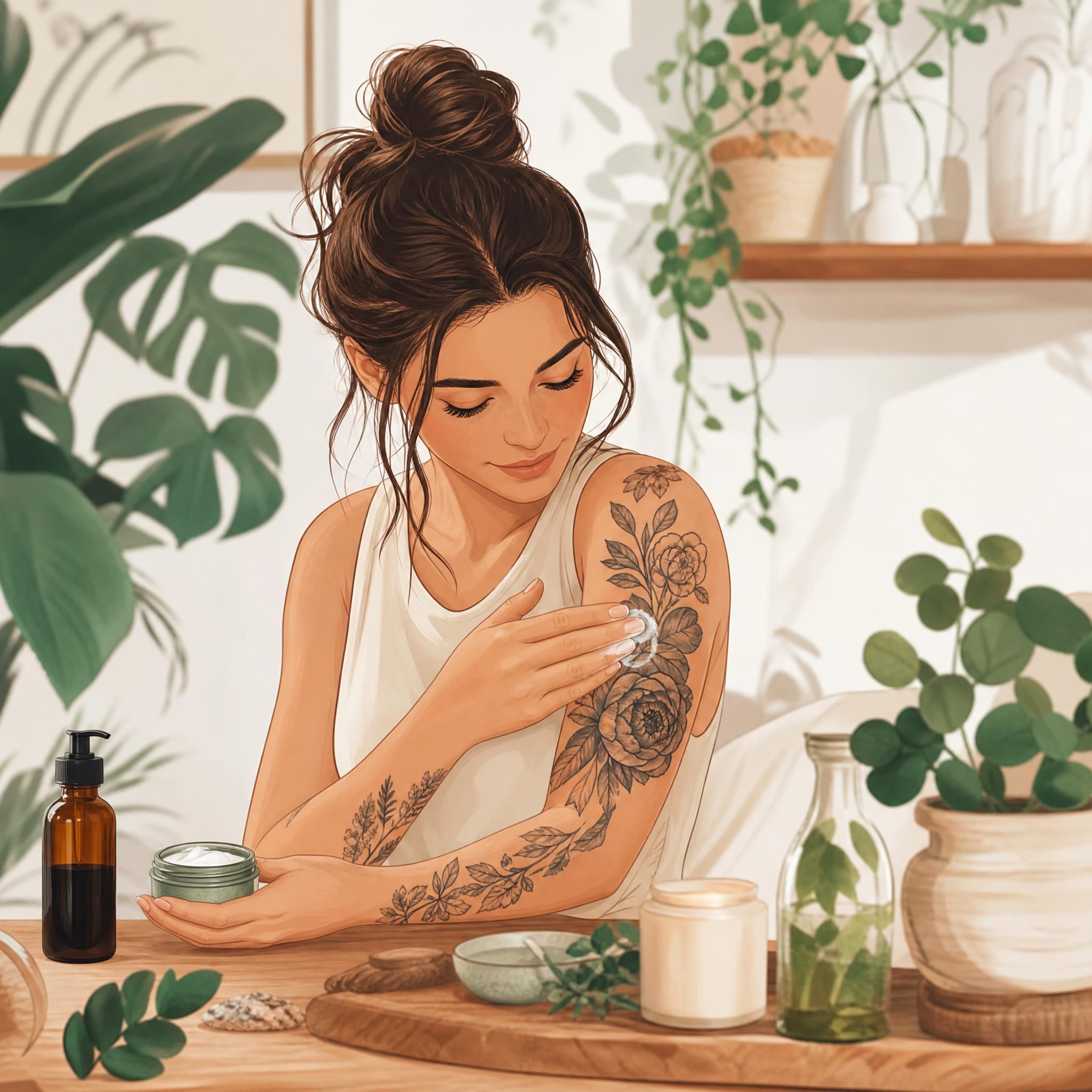 Illustration apaisante d'une personne prenant soin de son tatouage avec des produits naturels, style illustratif doux, sans texte