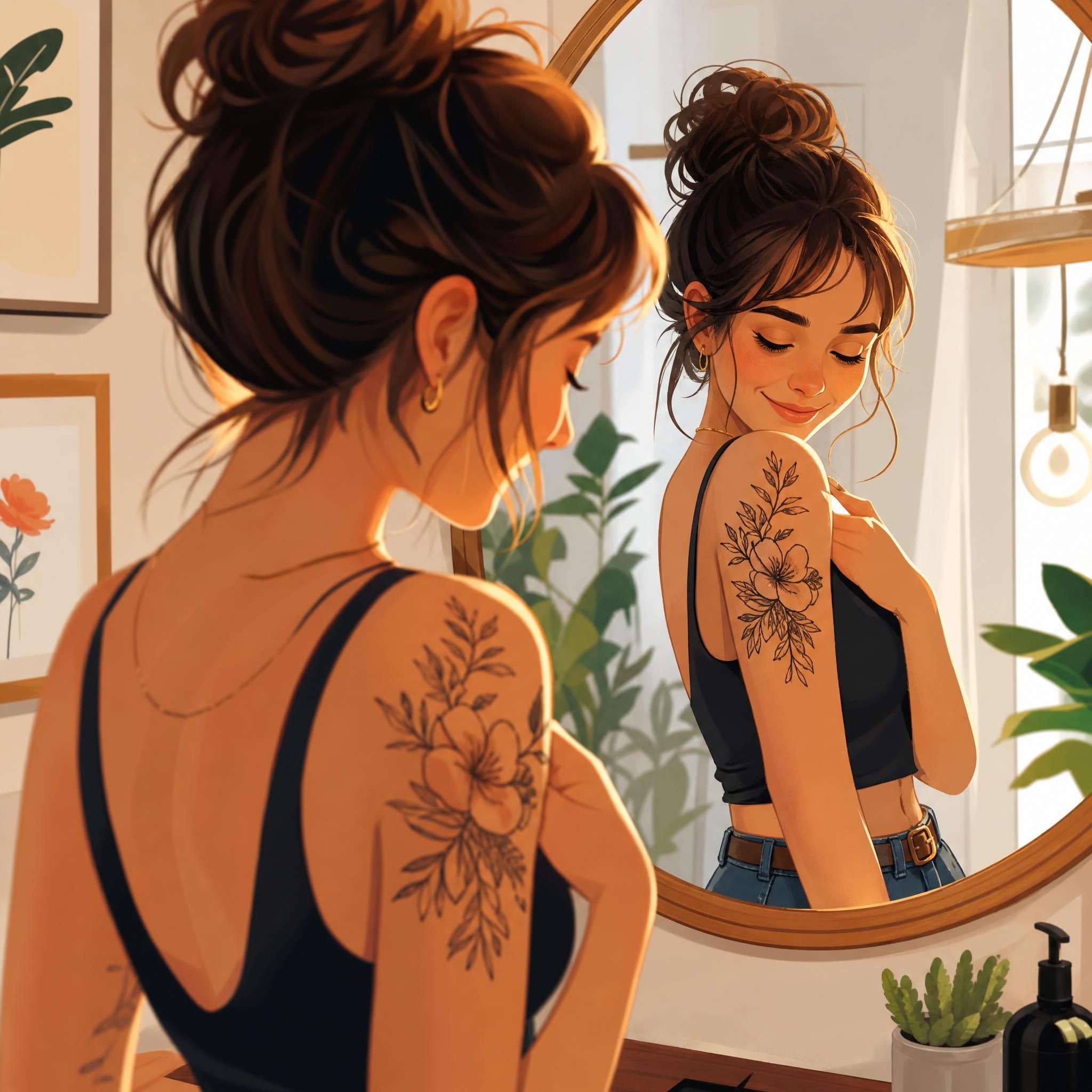 Illustration colorée et chaleureuse d'une personne admirant son nouveau tatouage dans un miroir, style illustratif sans texte