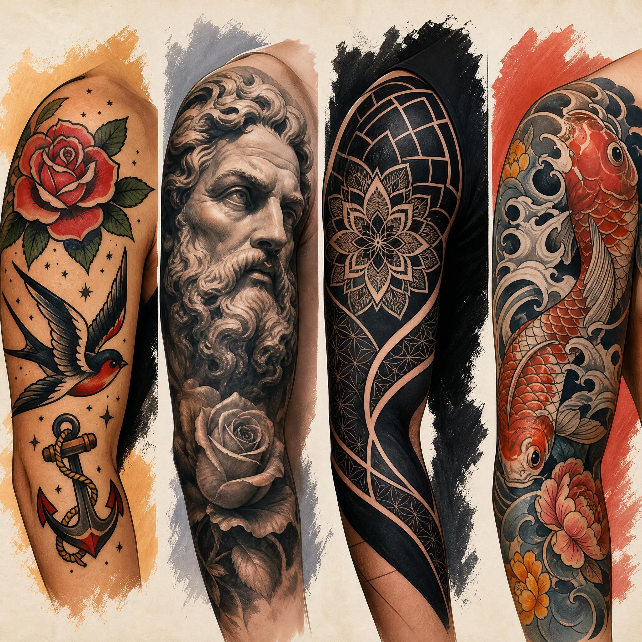 Illustration représentant différents styles de tatouage côte à côte - old school, réalisme, blackwork, japonais - style illustratif coloré sans texte