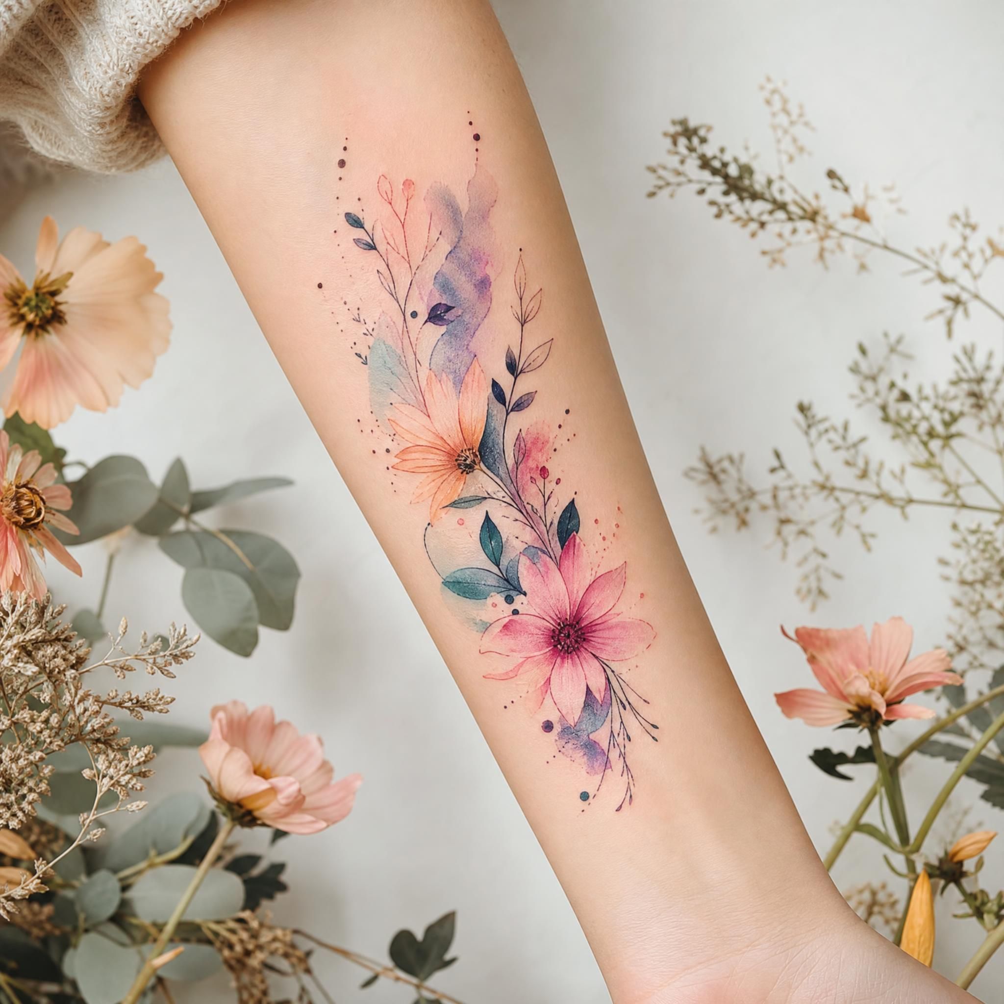 Illustration douce d'un tatouage style aquarelle sur un avant-bras, entouré de fleurs stylisées, sans texte