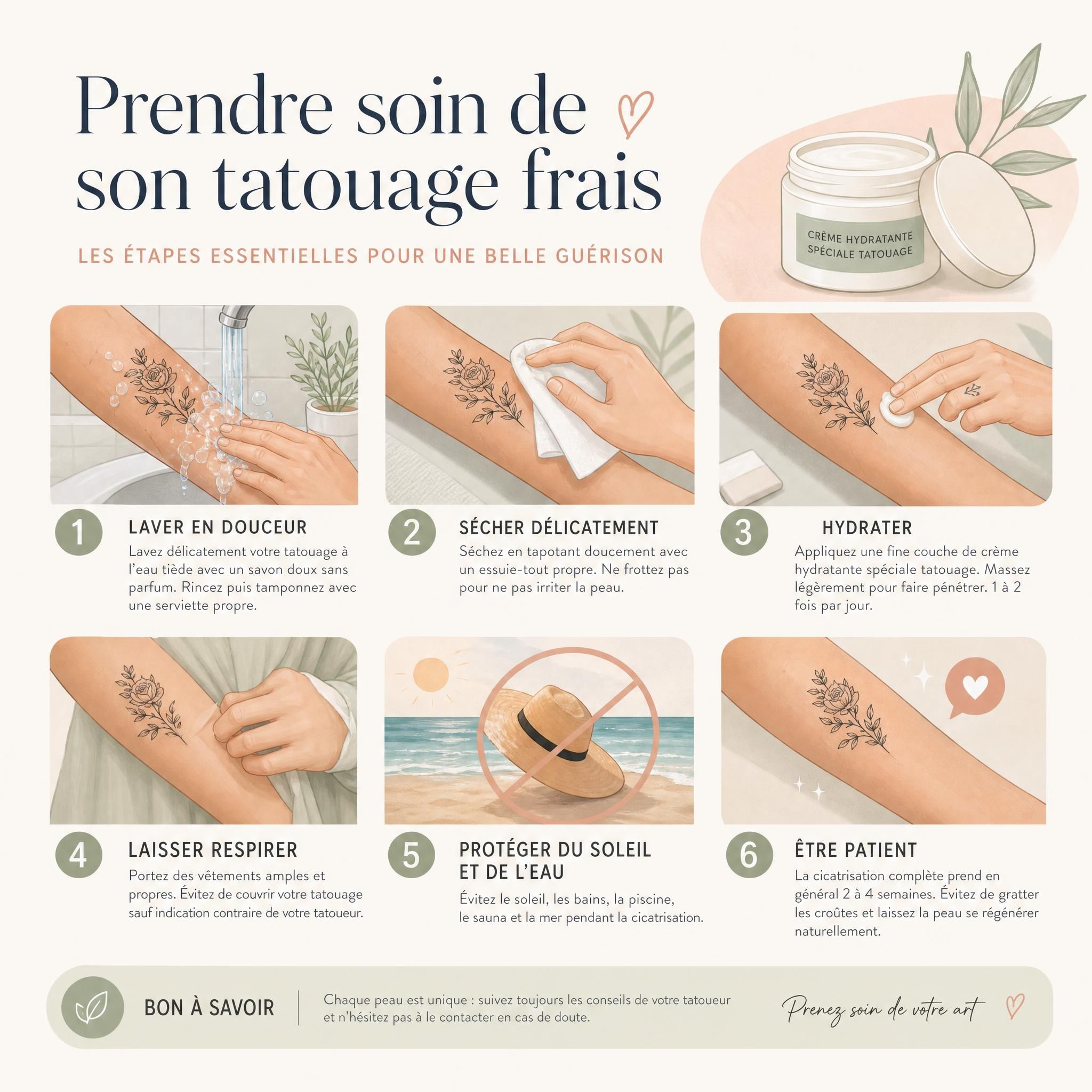 Illustration douce montrant les étapes de soin d'un tatouage frais, crème hydratante et gestes doux, style illustratif pastel