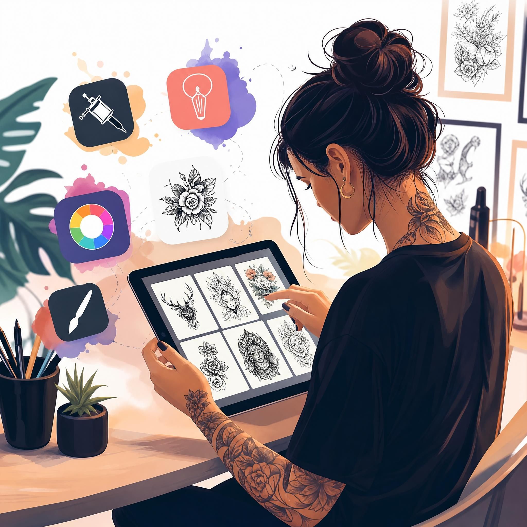 Illustration colorée et illustrative montrant une personne utilisant une tablette pour explorer des designs de tatouage, entourée d'icônes d'applications et d'outils numériques, style illustratif sans texte