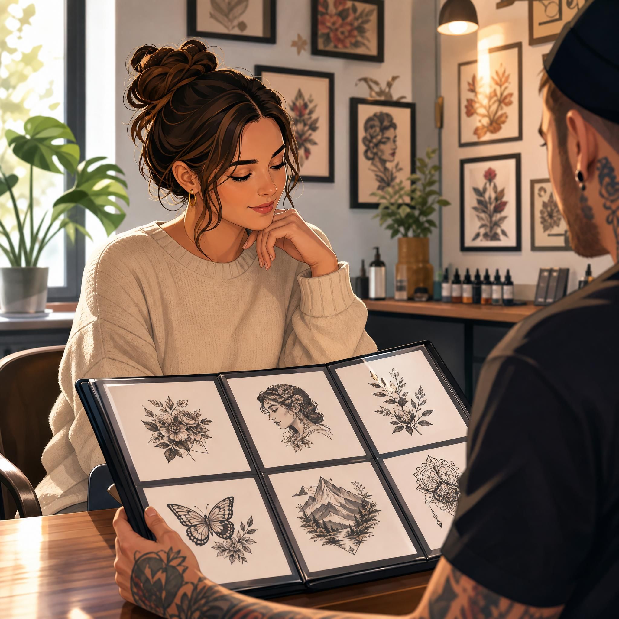 Illustration colorée et bienveillante d'une personne réfléchissant devant un portfolio de tatouages, style illustratif sans texte