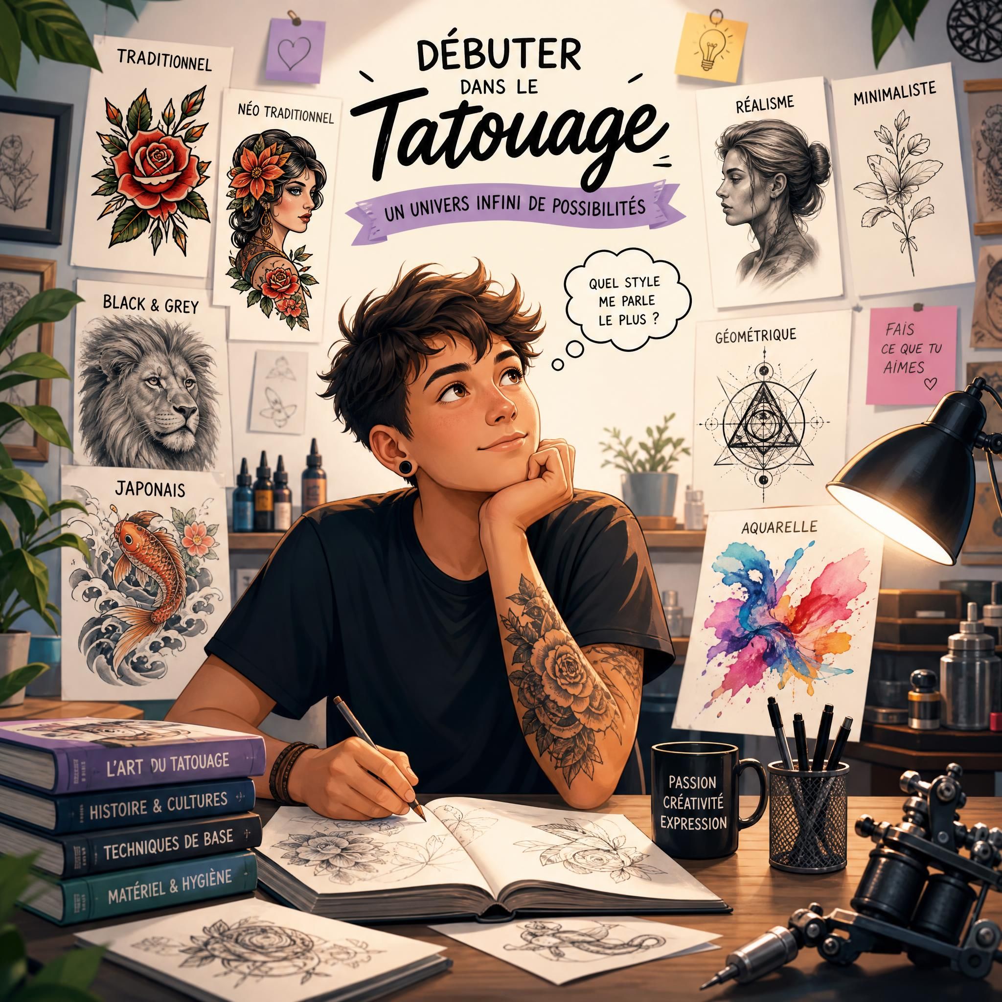 Illustration décontractée d'un débutant découvrant l'univers du tatouage, styles variés autour de lui, ambiance inspirante et colorée