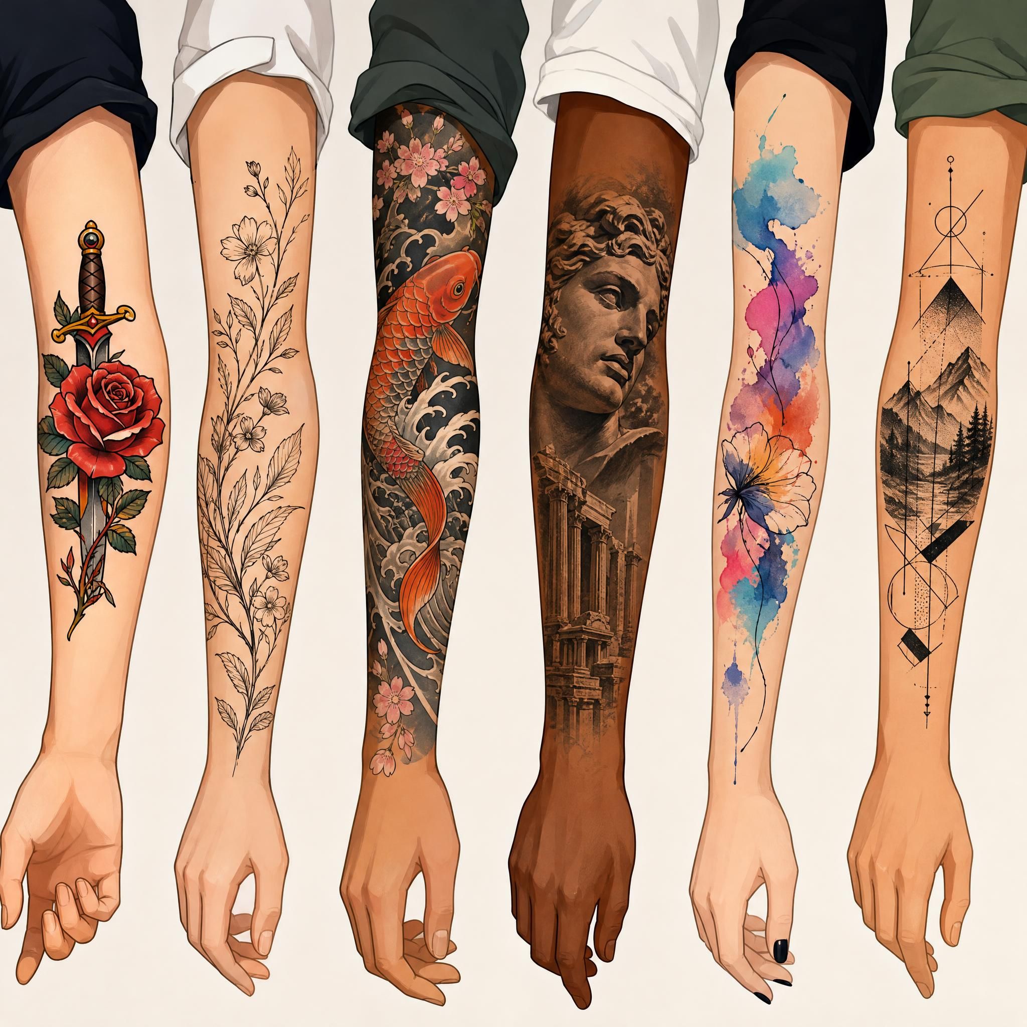 Illustration montrant différents styles de tatouage côte à côte sur des bras stylisés, style illustratif coloré sans texte