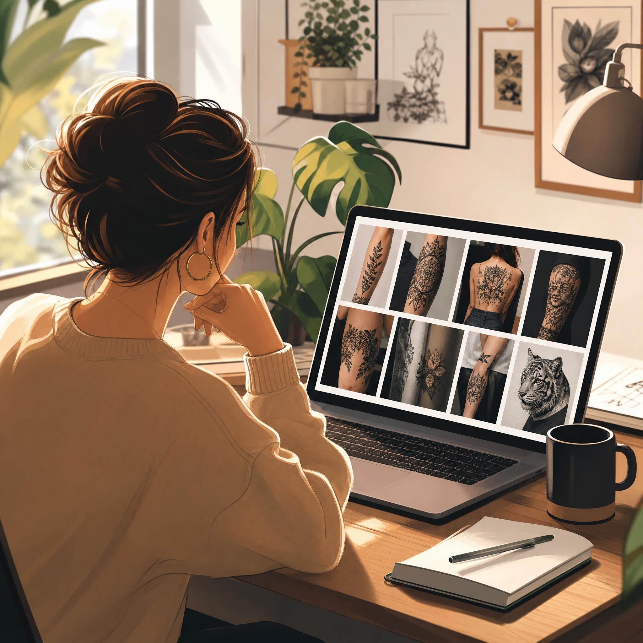 Illustration chaleureuse et inspirante d'une personne parcourant des portfolios de tatoueurs sur une plateforme en ligne, style illustratif moderne sans texte