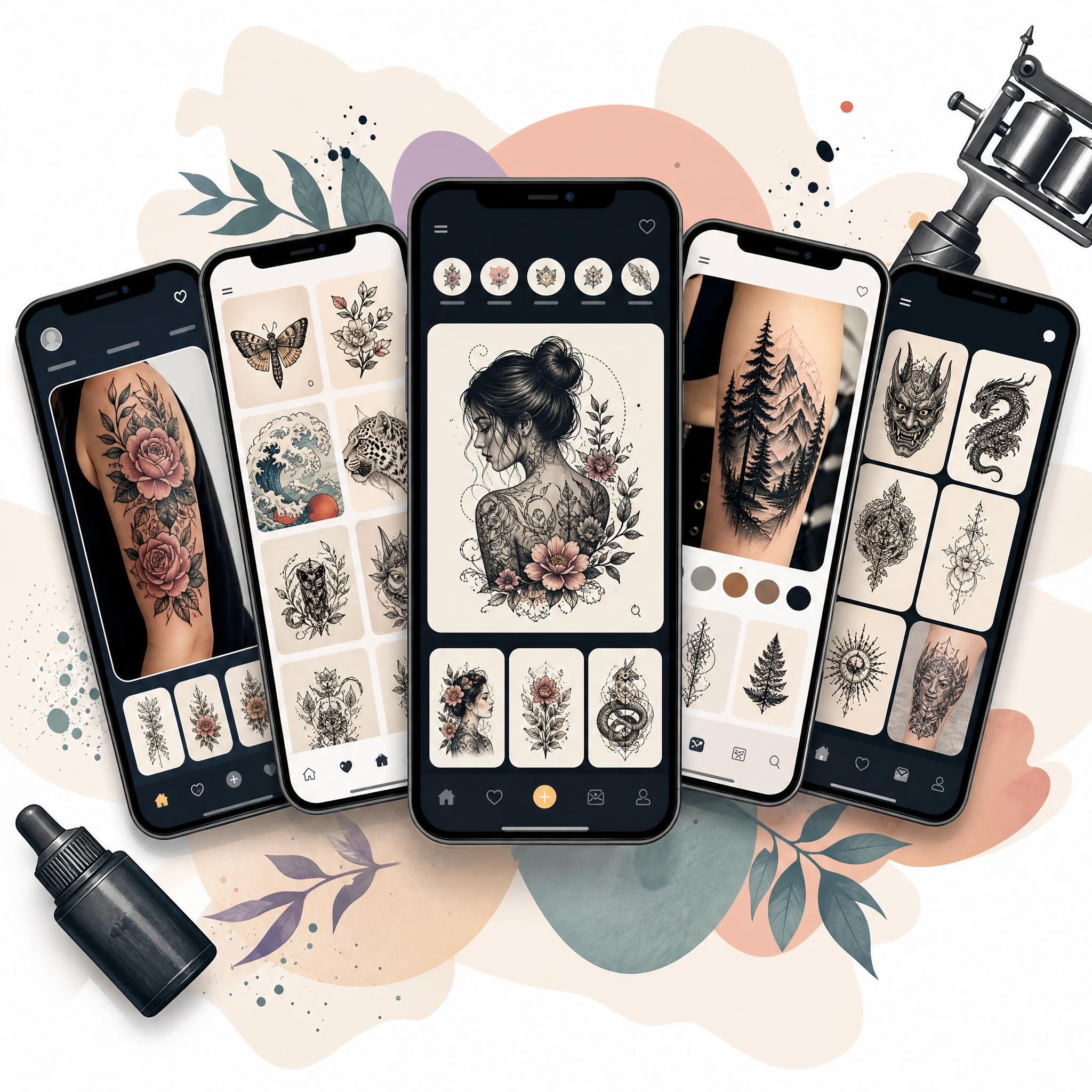 Illustration illustrative montrant plusieurs écrans de smartphones affichant des interfaces d'applications de tatouage avec des galeries de designs variés, style illustratif coloré sans texte