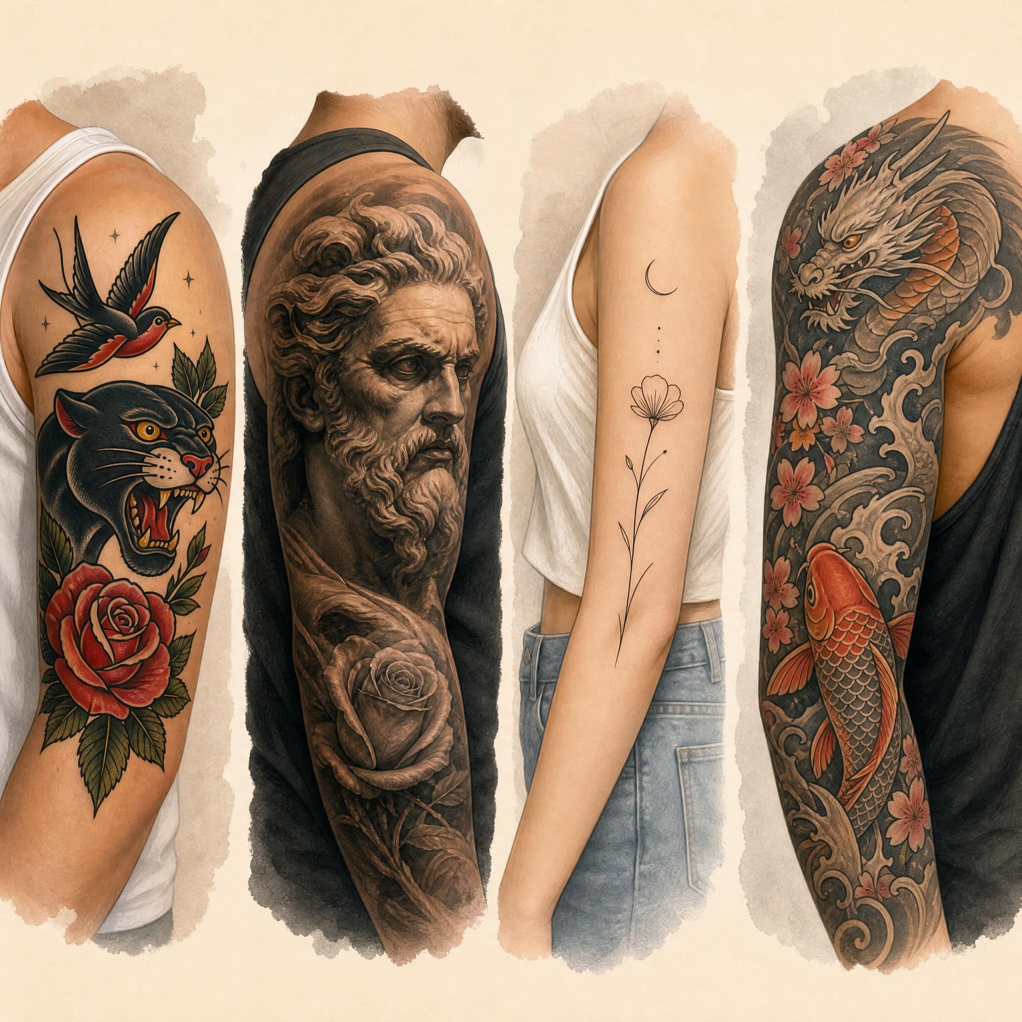 Illustration colorée et sans texte représentant plusieurs styles de tatouage côte à côte - traditionnel, réaliste, minimaliste, japonais - sur fond neutre, style illustratif doux