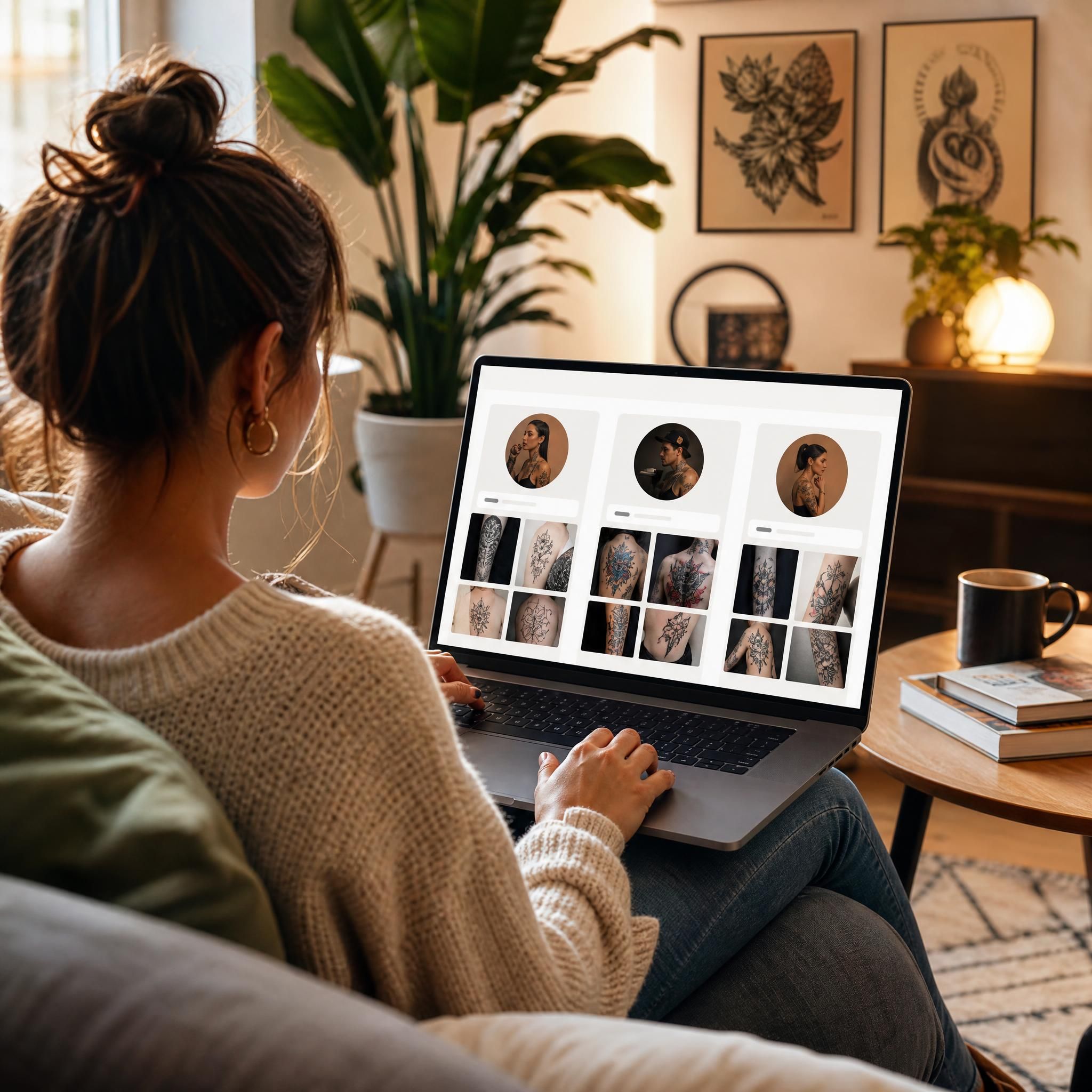 Illustration illustrative montrant une personne assise confortablement qui consulte un site de recherche de tatoueurs sur son ordinateur portable, avec des profils d'artistes et des portfolios affichés à l'écran, style illustratif chaleureux sans texte