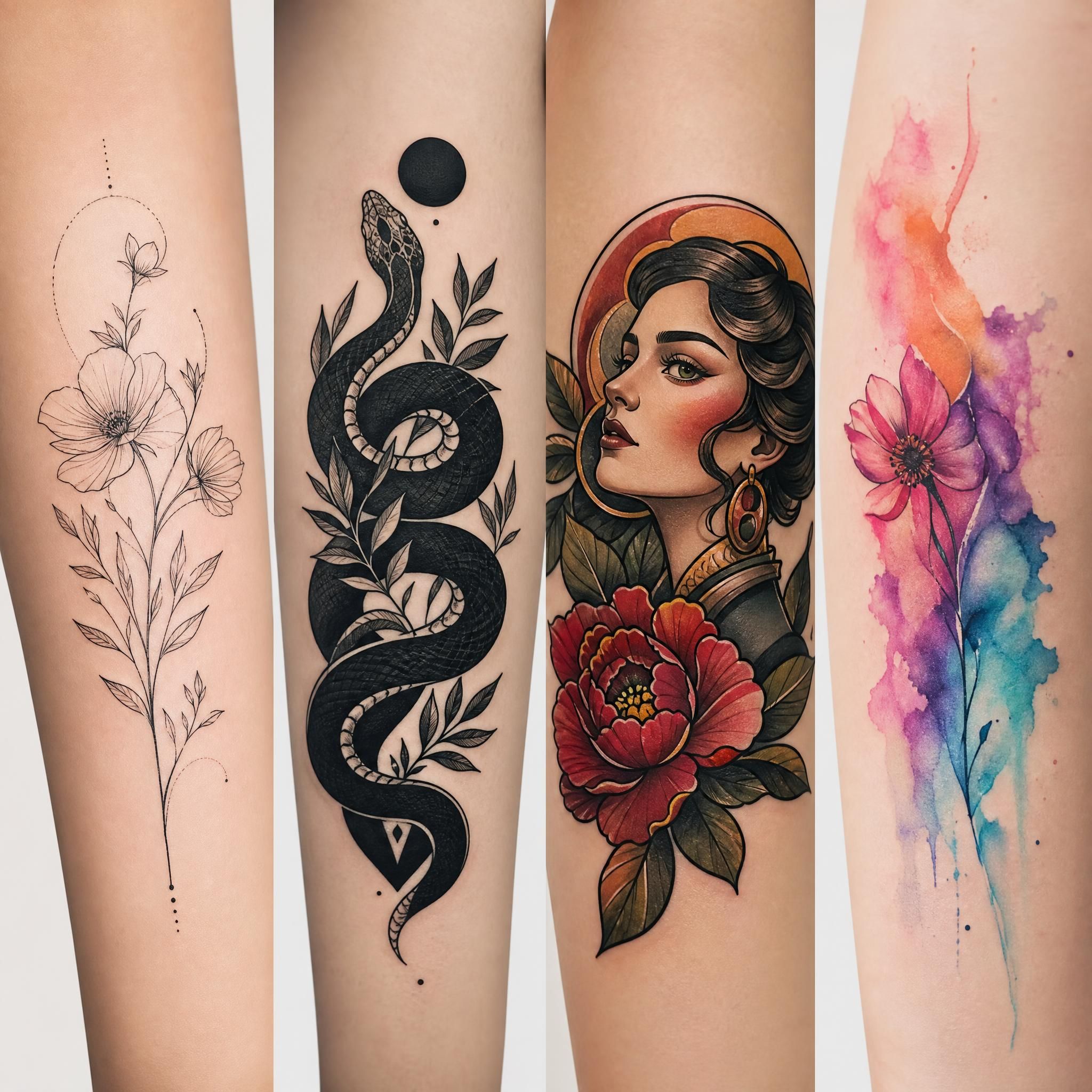 Illustration montrant différents styles de tatouage côte à côte - fine line, blackwork, néo-traditionnel, style aquarelle, sans texte