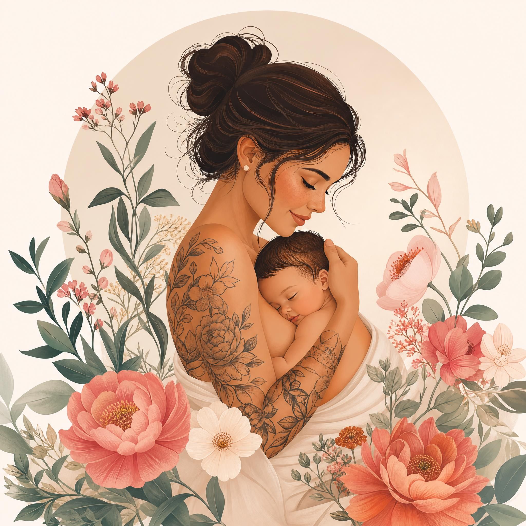 Illustration douce et bienveillante d'une femme sereine entourée de fleurs, évoquant la maternité et l'art corporel, style illustratif sans texte