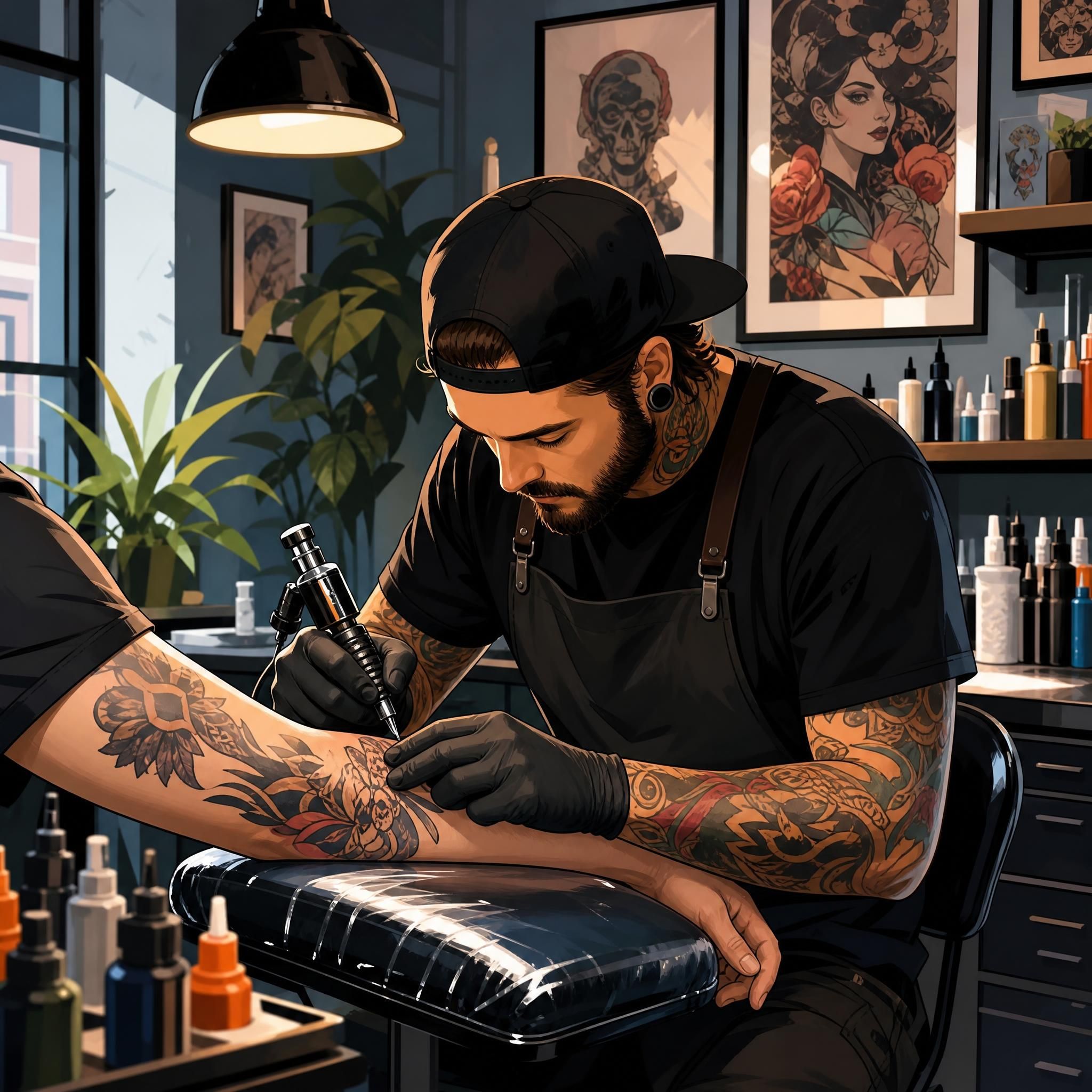 Illustration artistique d'un tatoueur au travail dans un studio moderne, style illustratif coloré sans texte