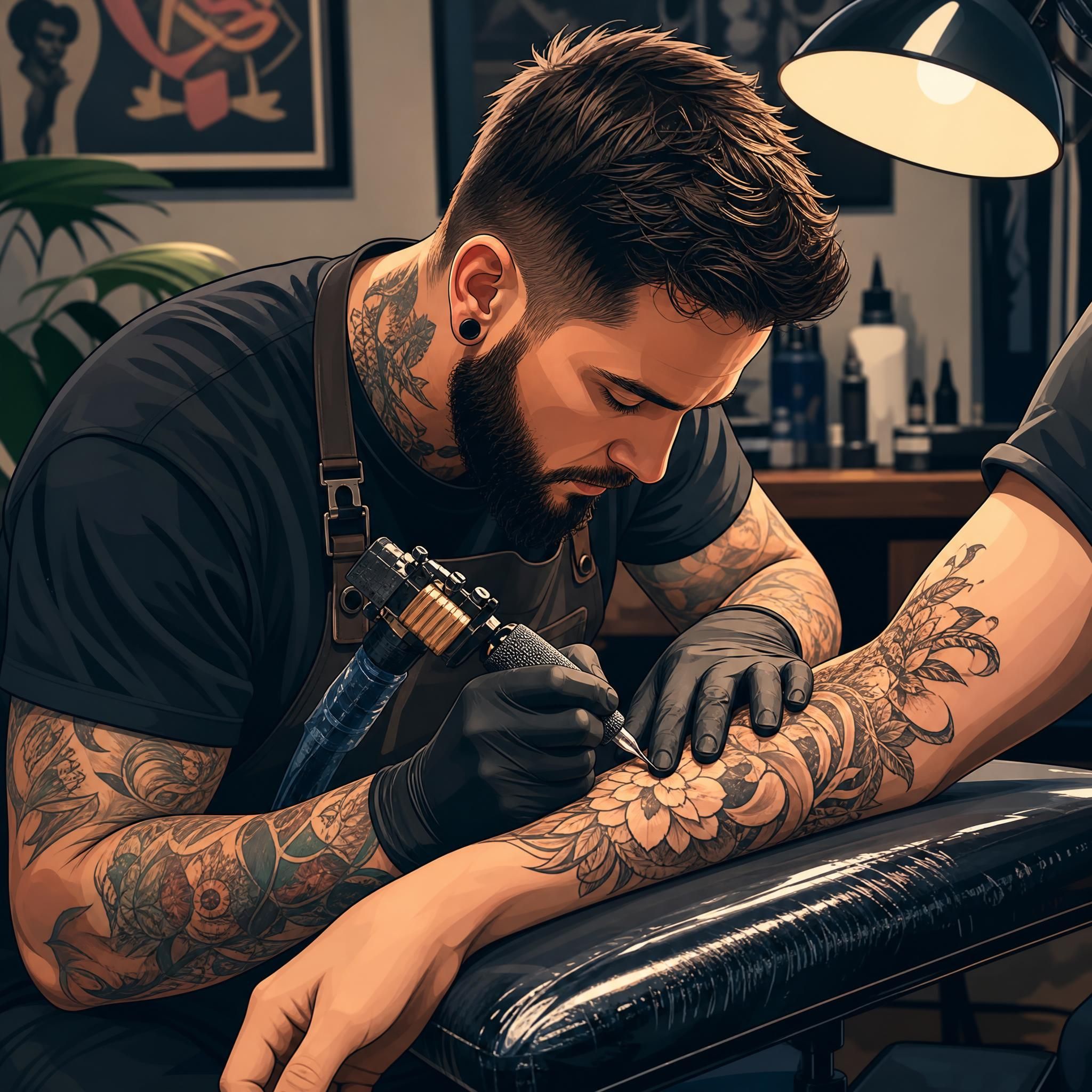 Illustration illustrative d'un tatoueur professionnel travaillant avec précision sur un bras, style graphique coloré sans texte