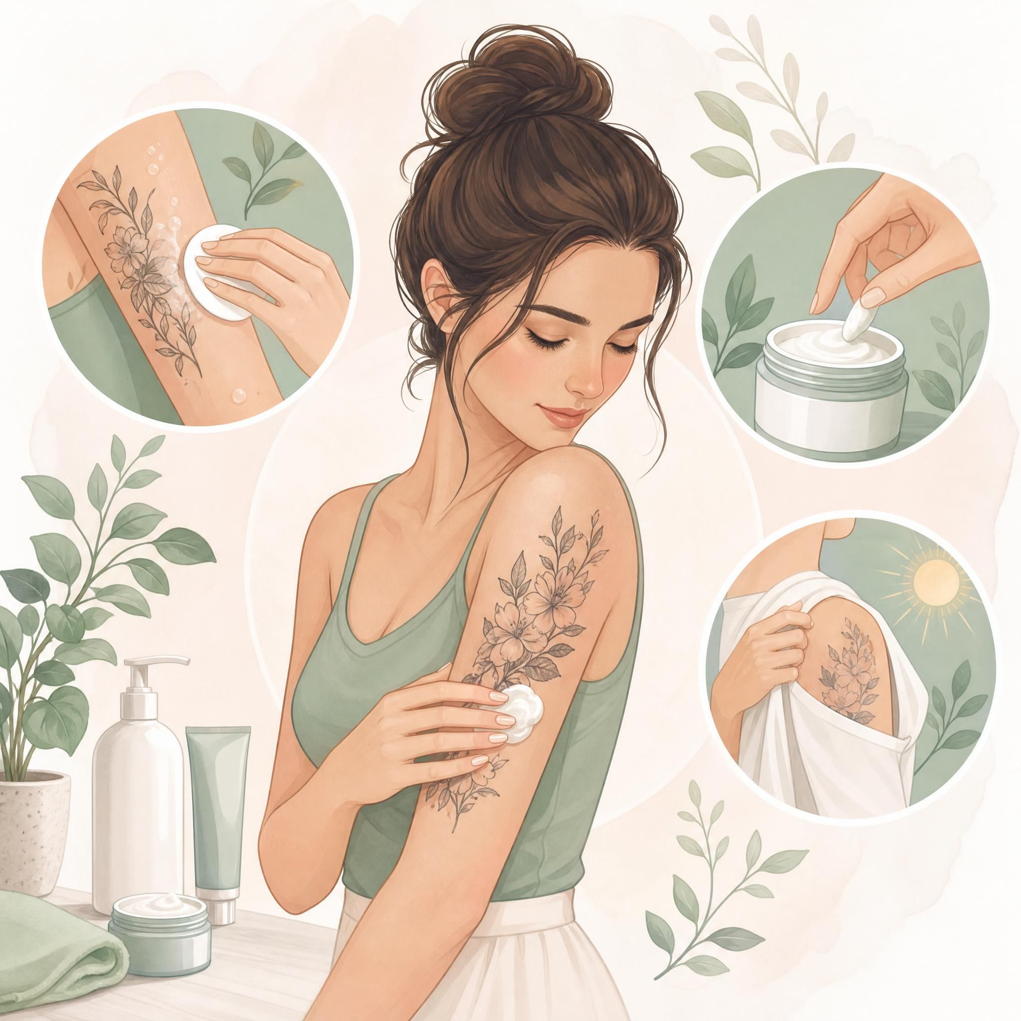 Illustration douce et apaisante montrant des soins de tatouage - crème, nettoyage délicat, protection - style illustratif pastel sans texte