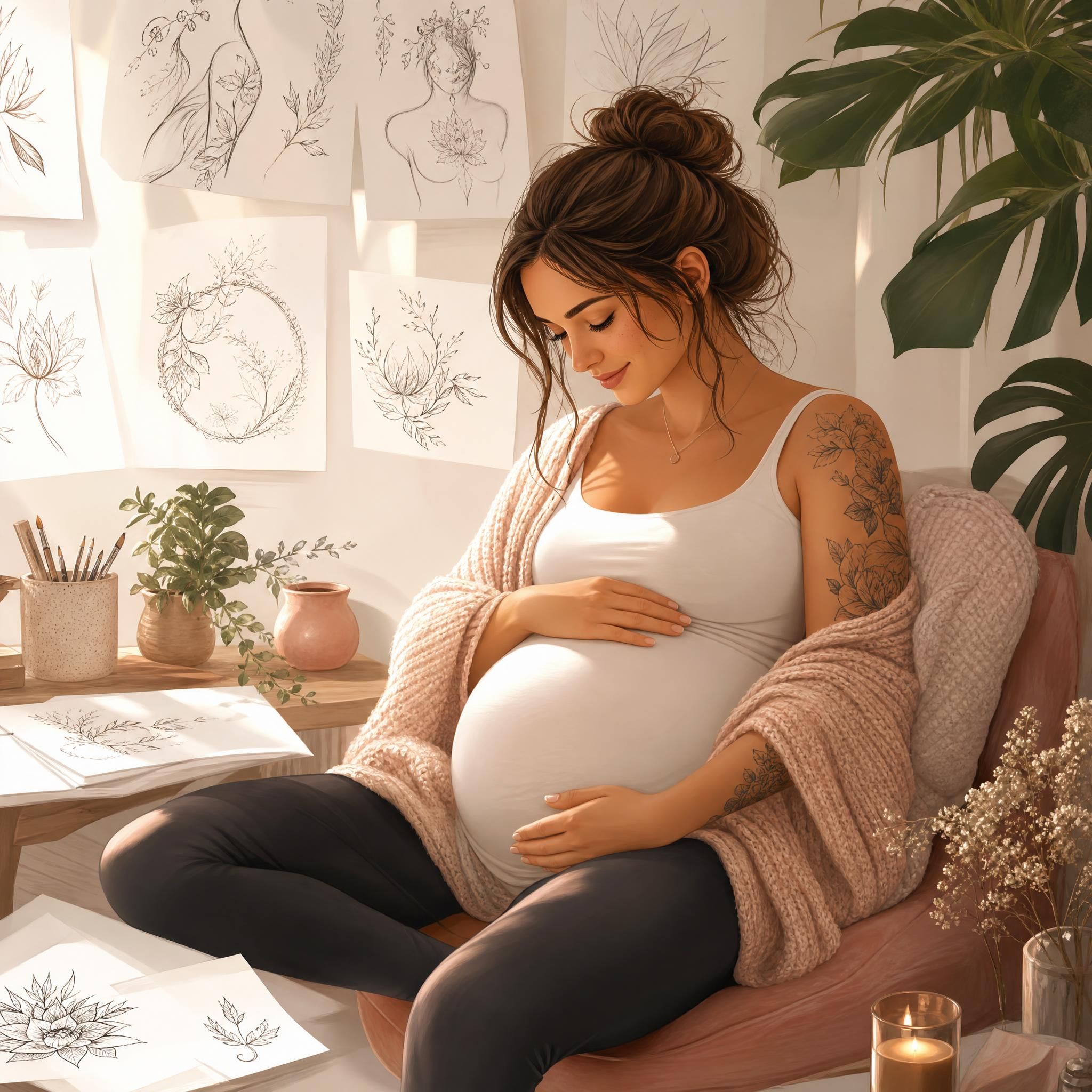 Illustration douce et bienveillante représentant une femme enceinte entourée de croquis de tatouages, ambiance chaleureuse et sereine, style illustratif sans texte