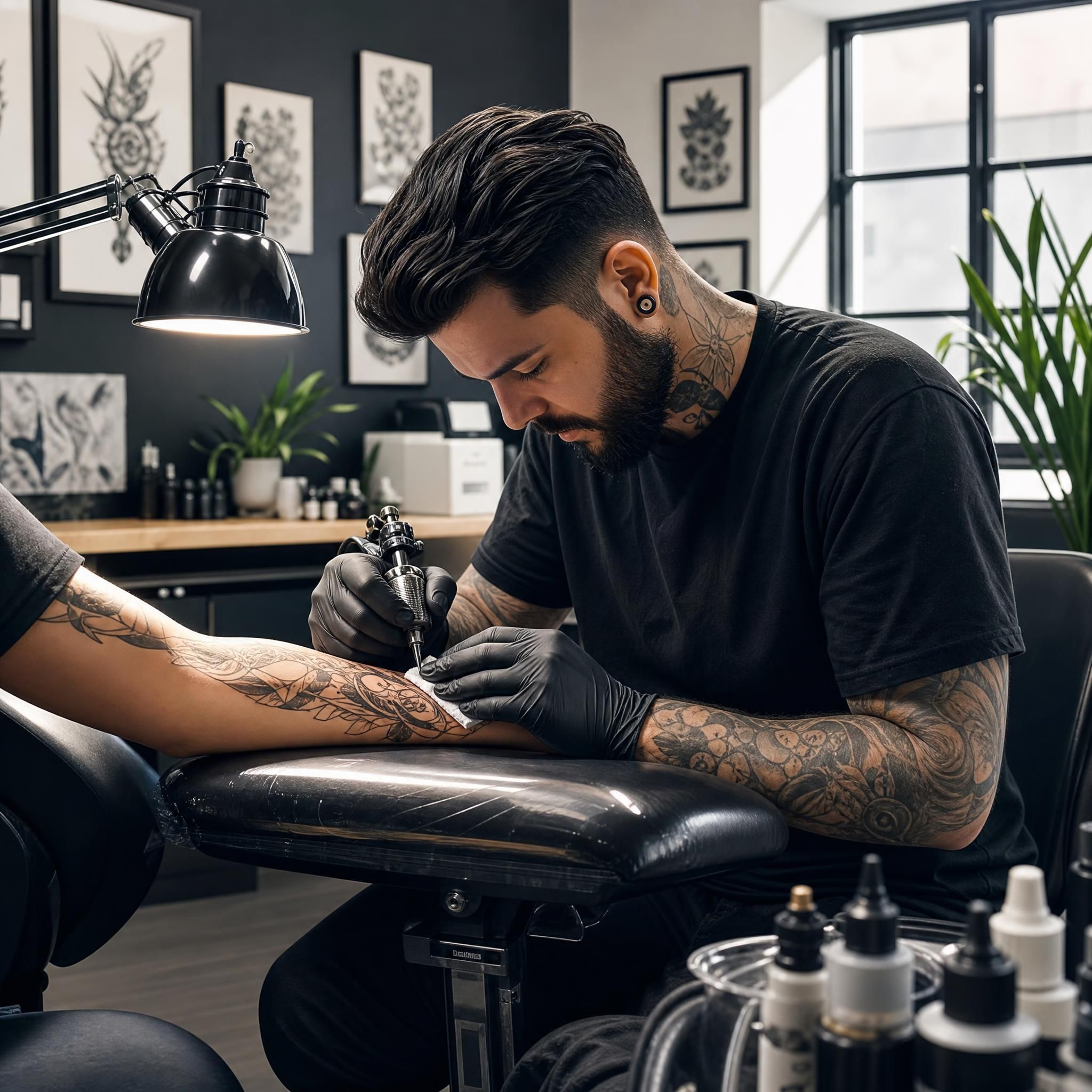 Illustration illustrative montrant un tatoueur professionnel au travail dans un studio moderne et propre, style artistique sans texte