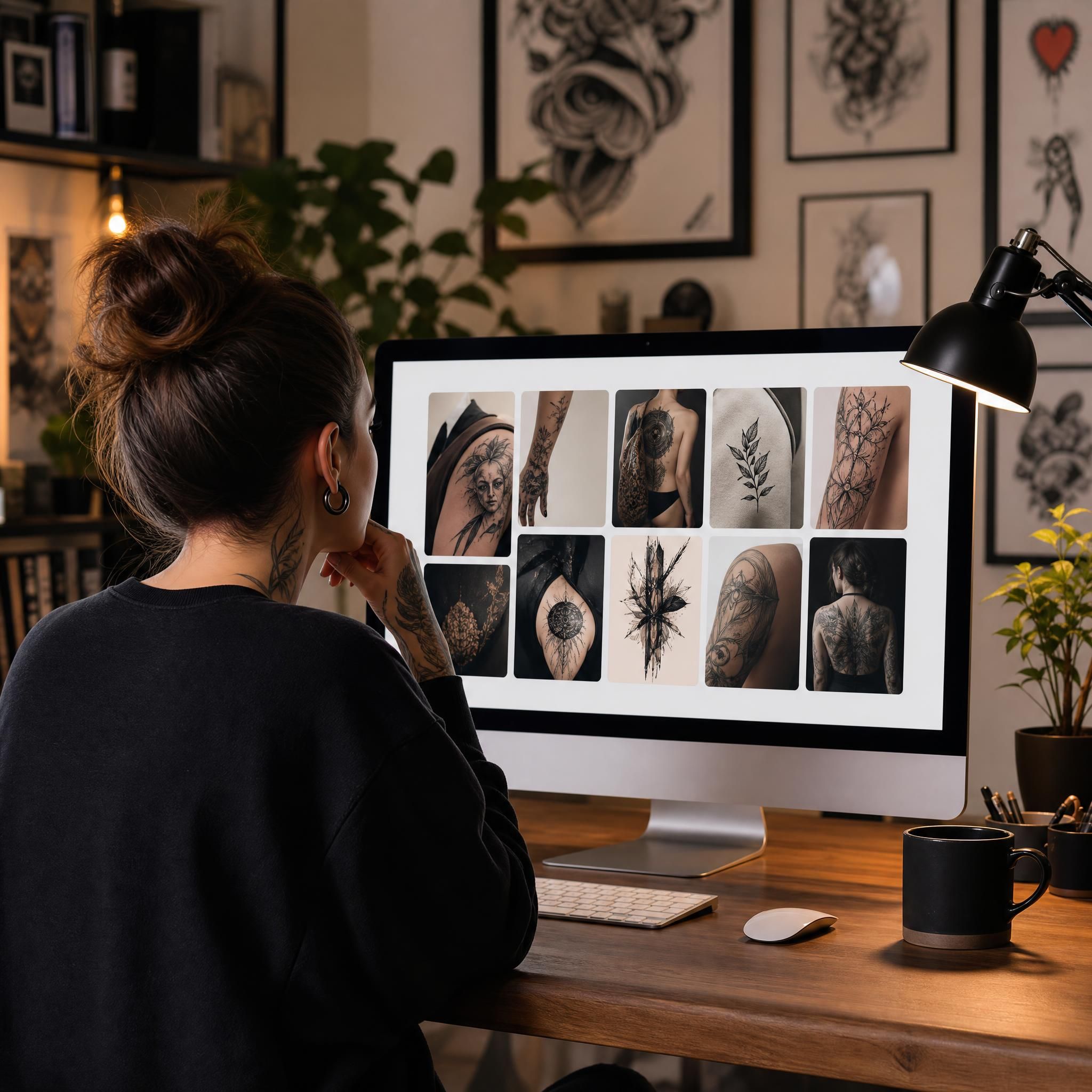 Illustration d'une personne parcourant des portfolios de tatoueurs sur un écran lumineux, ambiance créative et moderne, sans texte