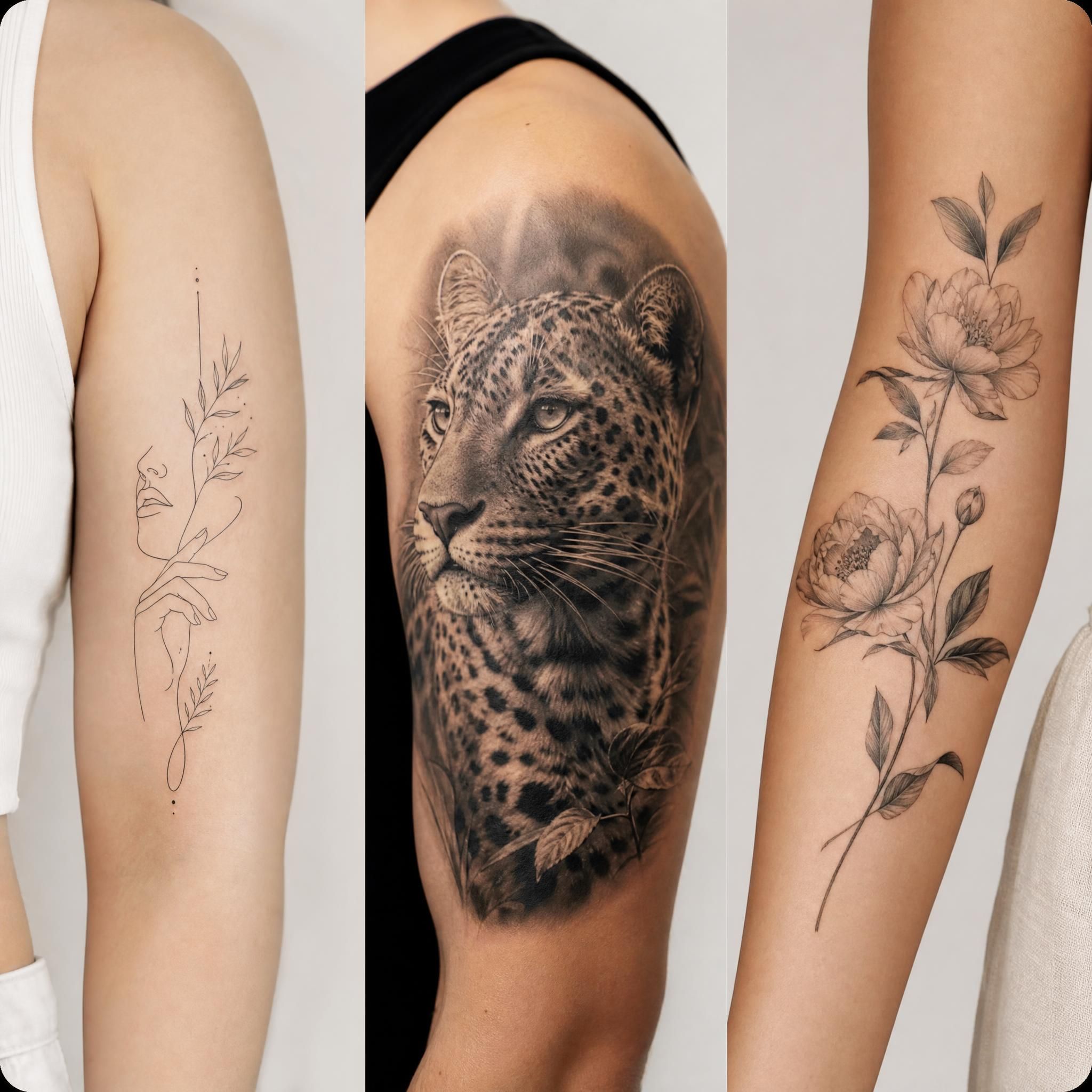 Illustration illustrative et moderne montrant plusieurs styles de tatouage côte à côte, fine line, micro-réalisme et botanique, sans texte