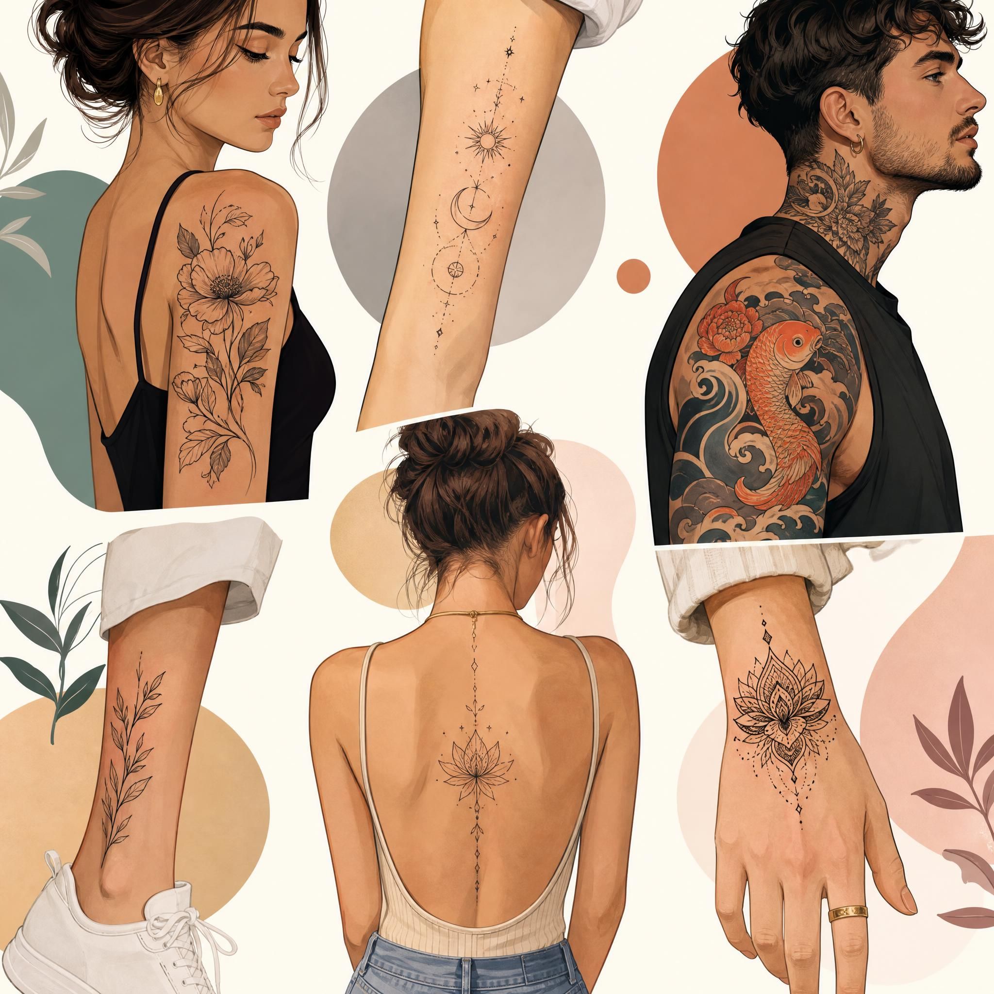 Illustration colorée et moderne de différents styles de tatouage tendance en 2026, sans texte, style illustratif doux et inspirant