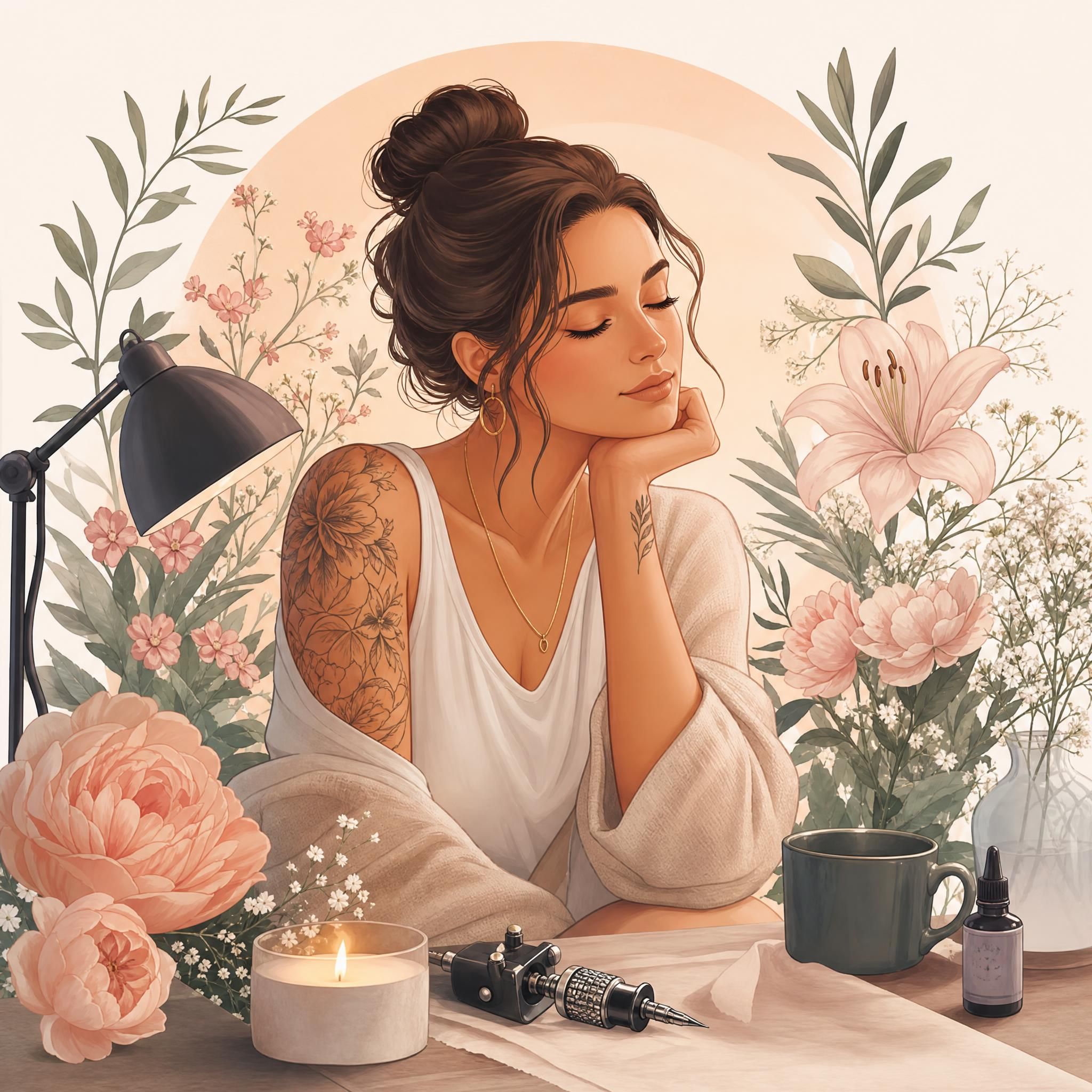Illustration bienveillante et douce représentant une femme sereine entourée de motifs floraux, symbolisant l'attente et la patience avant un tatouage, style illustratif sans texte