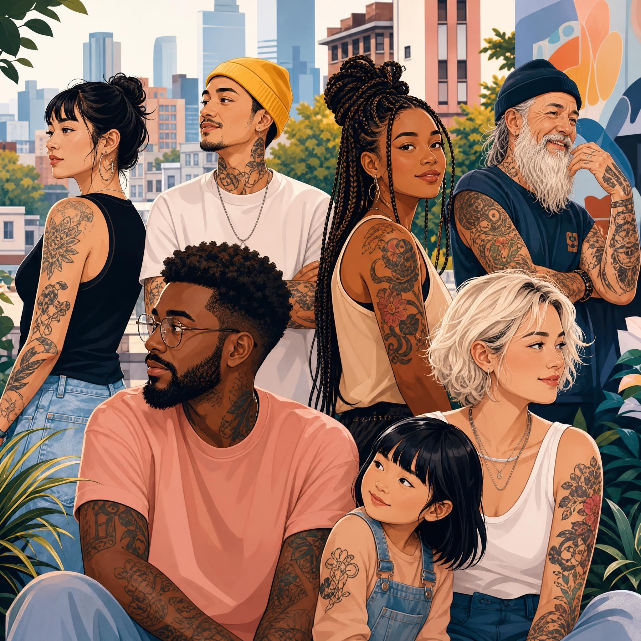 Illustration colorée et illustrative représentant des personnes de différentes cultures et générations portant des tatouages dans un environnement urbain moderne, style illustratif sans texte