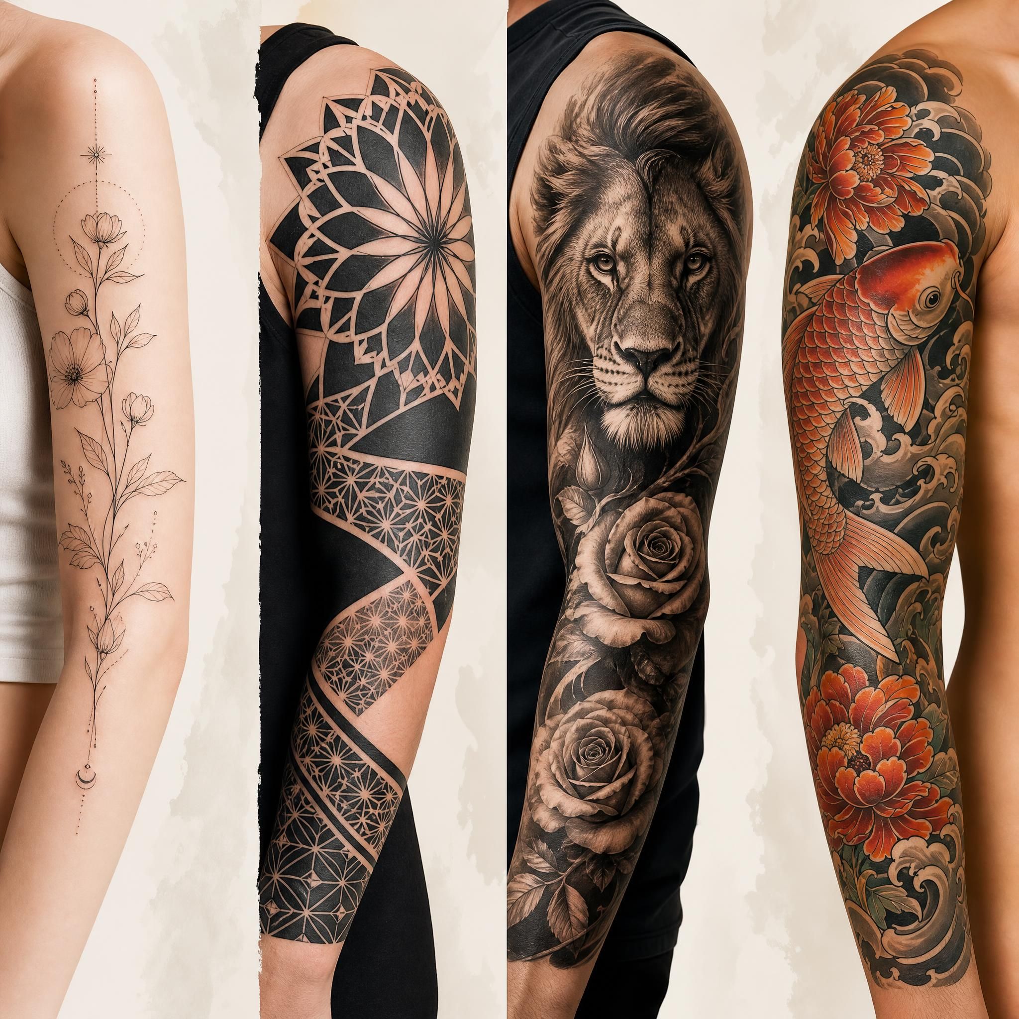 Illustration graphique montrant différents styles de tatouage côte à côte - fine line, blackwork, réalisme, japonais - style illustratif sans texte