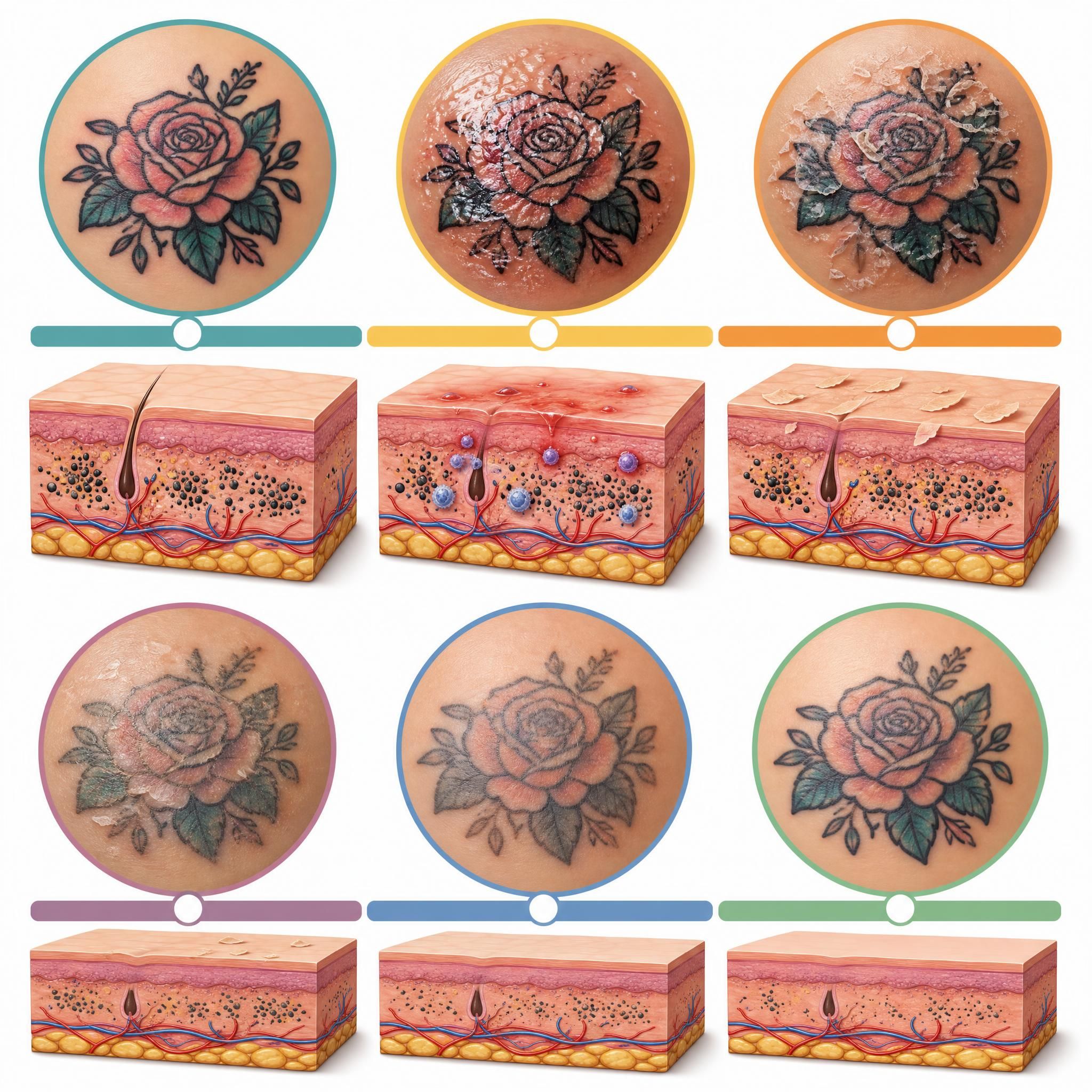 Illustration illustrative montrant les différentes étapes de cicatrisation d'un tatouage sur une peau saine, style pédagogique et coloré sans texte