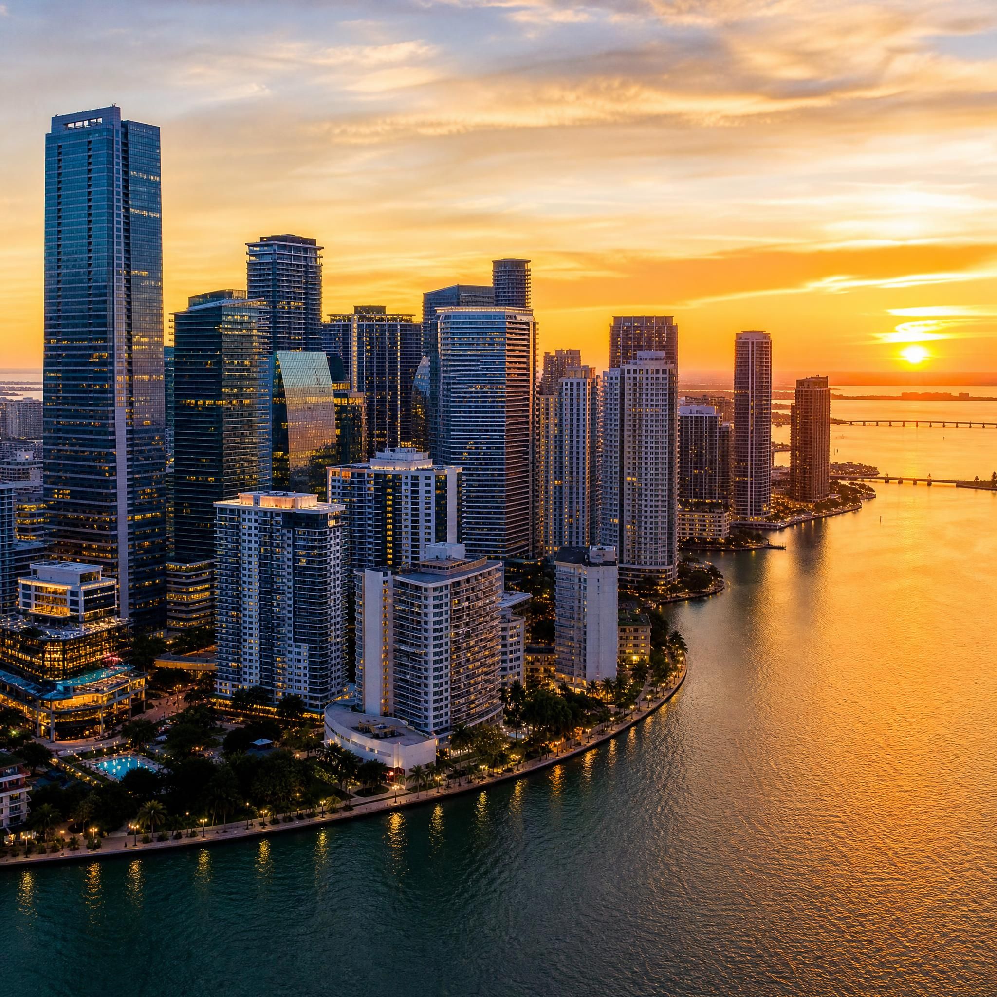 Aerial sunset view of Miami's luxury waterfront skyline with Brickell high-rises and Biscayne Bay reflecting golden light