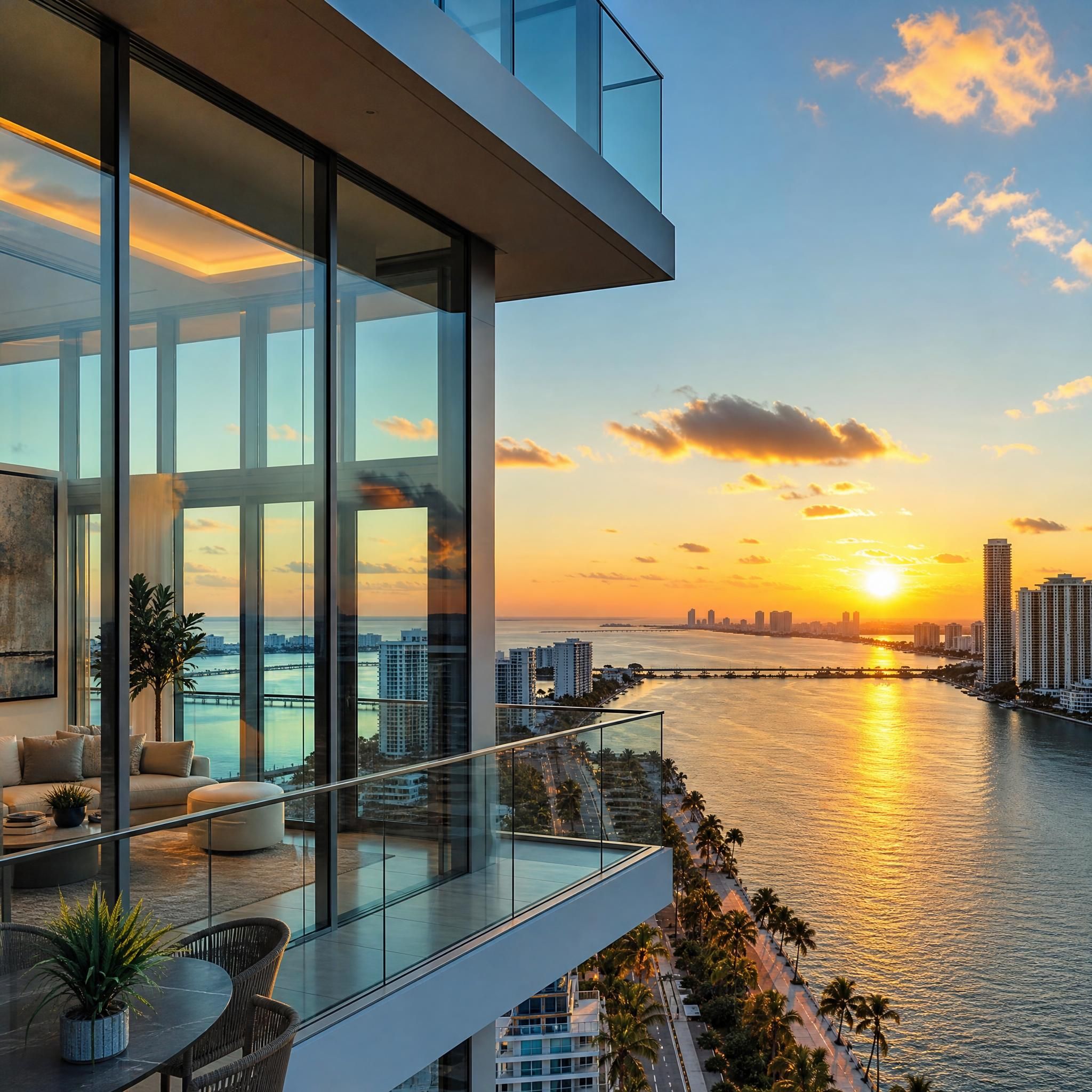 Modern luxury Edgewater Miami tower with floor-to-ceiling glass windows overlooking Biscayne Bay at golden hour