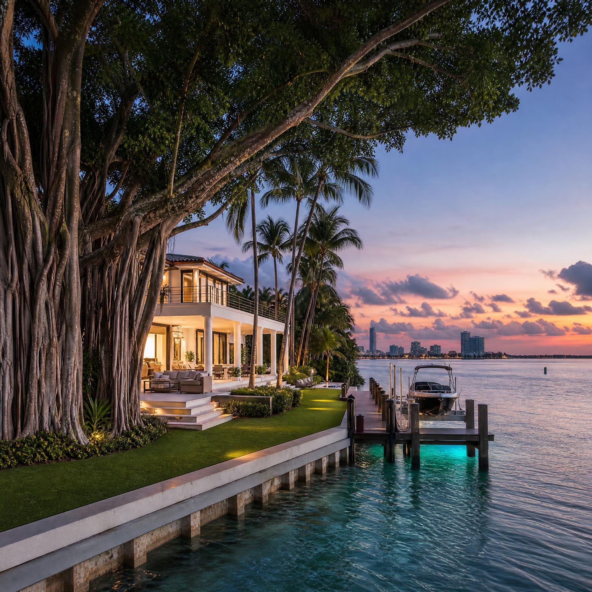 Lush Coconut Grove waterfront estate with mature banyan trees, private dock, and Biscayne Bay views at dusk